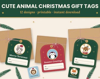 Christmas Gift Tags Printable, Cute Animal Gift Tags, Cat Dog Fox Penguin Reindeer Tags, Kids Christmas Labels, To From Tags, Digital