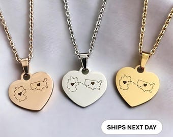 Personalised Country Heart Necklace Two Home Necklace Long Distance Relationship Gift Personalised Necklace Gift Country Map Gift Christmas