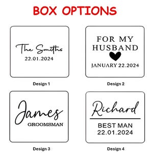 May include: Four different designs for a personalized gift box. The designs include a heart, a name, and a date. The text on the boxes reads "The Smiths 22.01.2024", "FOR MY HUSBAND JANUARY 22.2024", "James GROOMSMAN", and "Richard BEST MAN 22.01.2024".