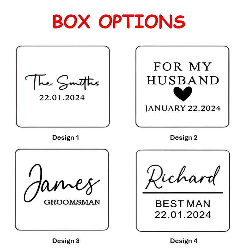 May include: Four different designs for a personalized gift box. The designs include a heart, a name, and a date. The text on the boxes reads "The Smiths 22.01.2024", "FOR MY HUSBAND JANUARY 22.2024", "James GROOMSMAN", and "Richard BEST MAN 22.01.2024".