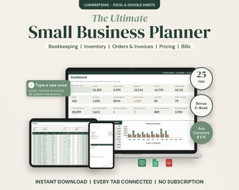 Small Business Planner Spreadsheet Excel Google Sheets, Bookkeeping, Inventory Tracker, Order and Invoice Template, Pricing Calculator
