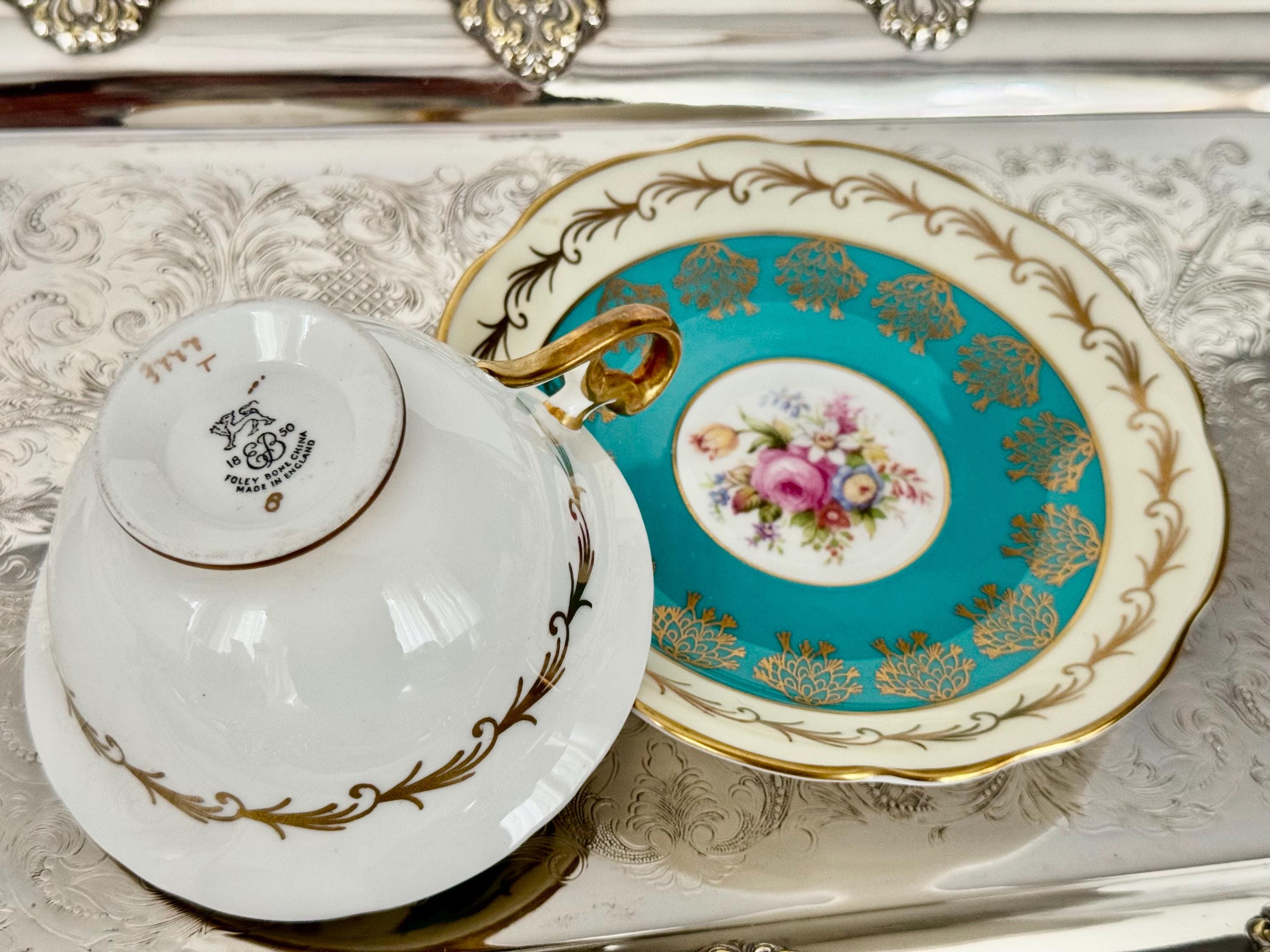 Vintage Foley Bone China Teacup & Saucer – Turquoise Gold with Floral Bouquet – Made in England