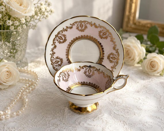 Vintage Royal Stafford Pink Gold Bone China Teacup & Saucer | Pattern 8738 | Made in England