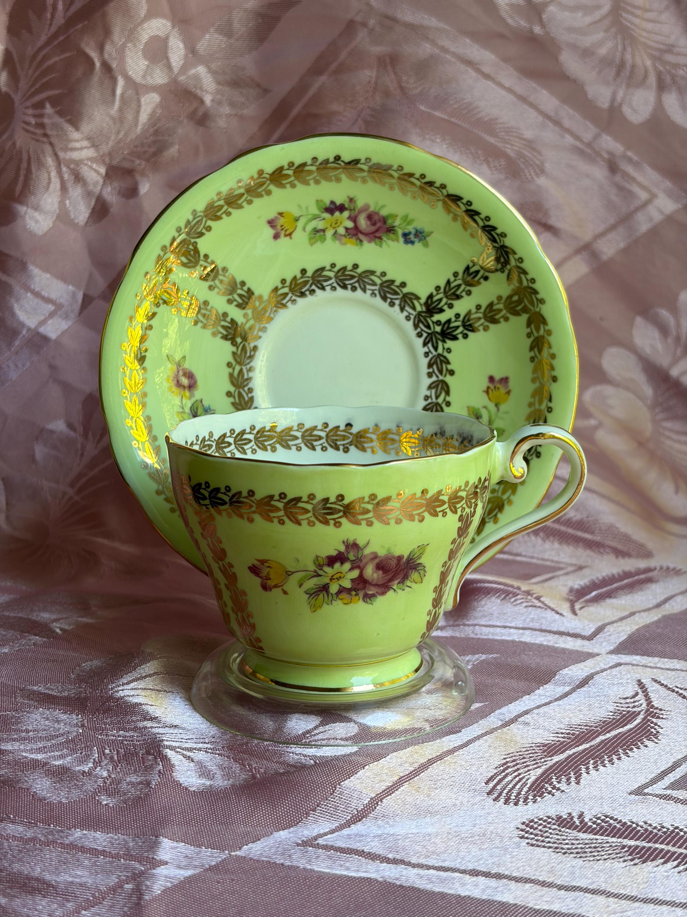 Vintage Aynsley Bone China Teacup & Saucer — Yellow or Green Gold Laurel, Floral Decor