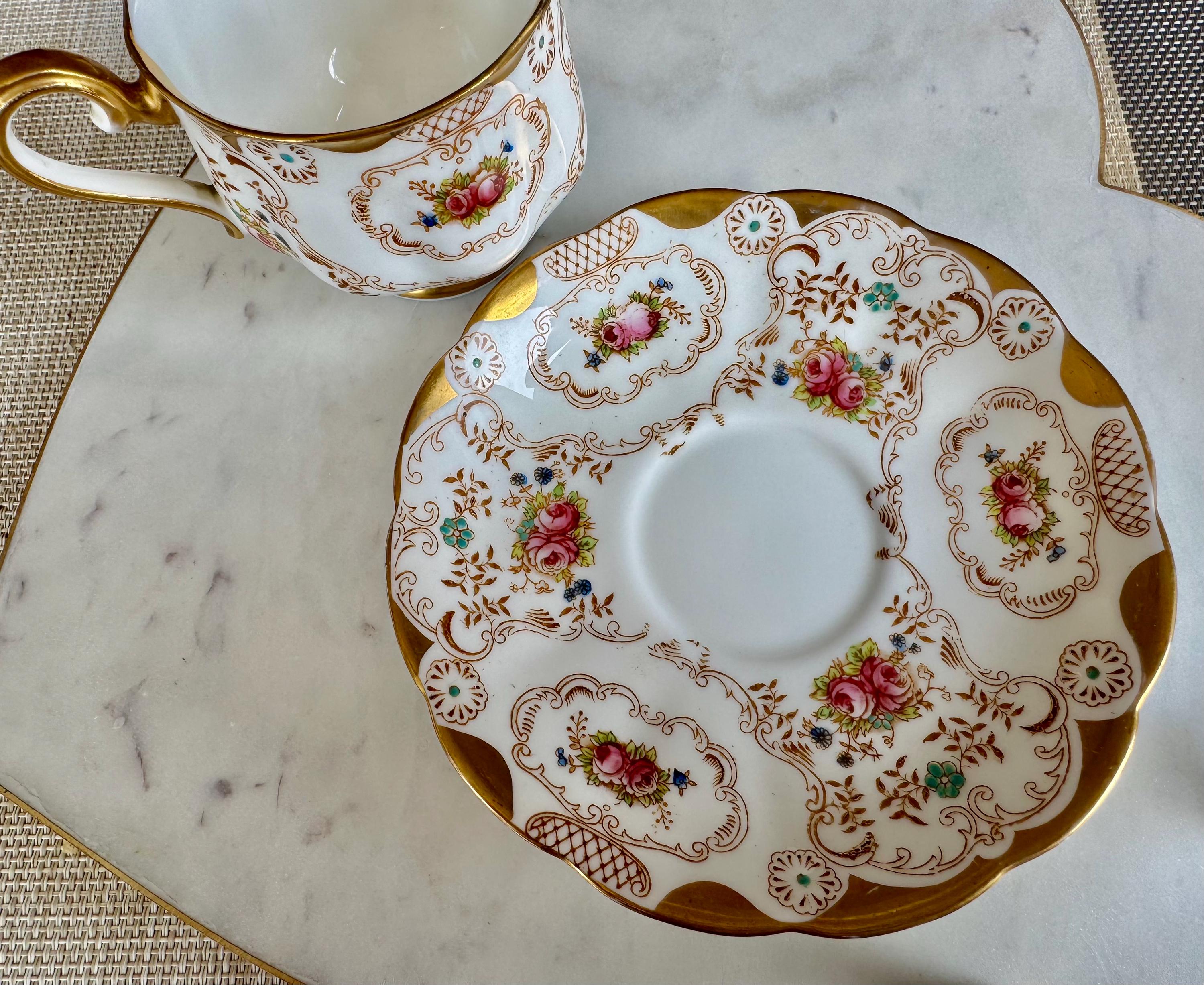 Antique Royal Albert Teacup & Saucer: Hand-Painted Roses, Gold Encrusted, c. 1925