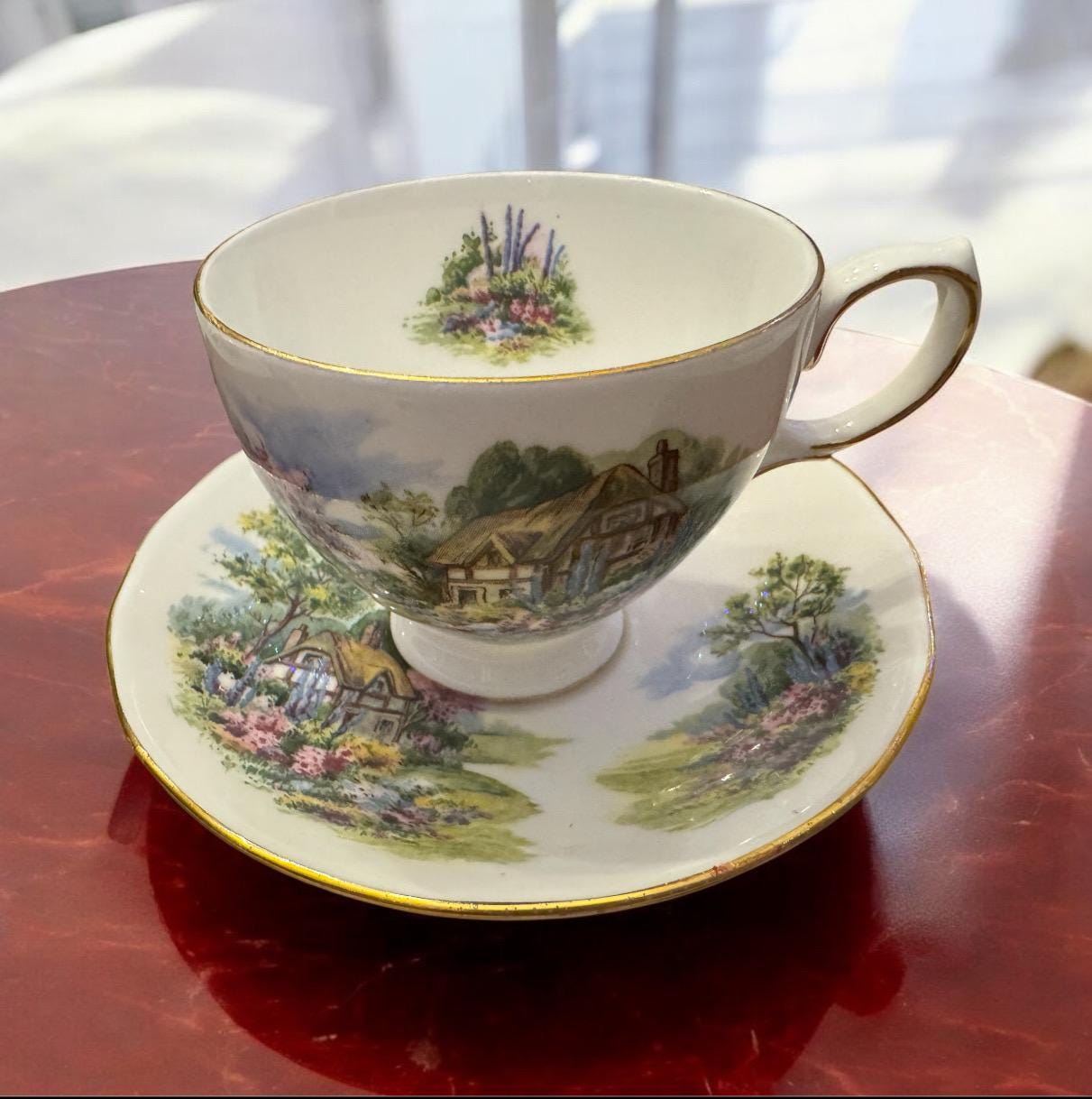Vintage Royal Vale Countryside Houses Tea Cup and Saucer Set - Fine Bone China