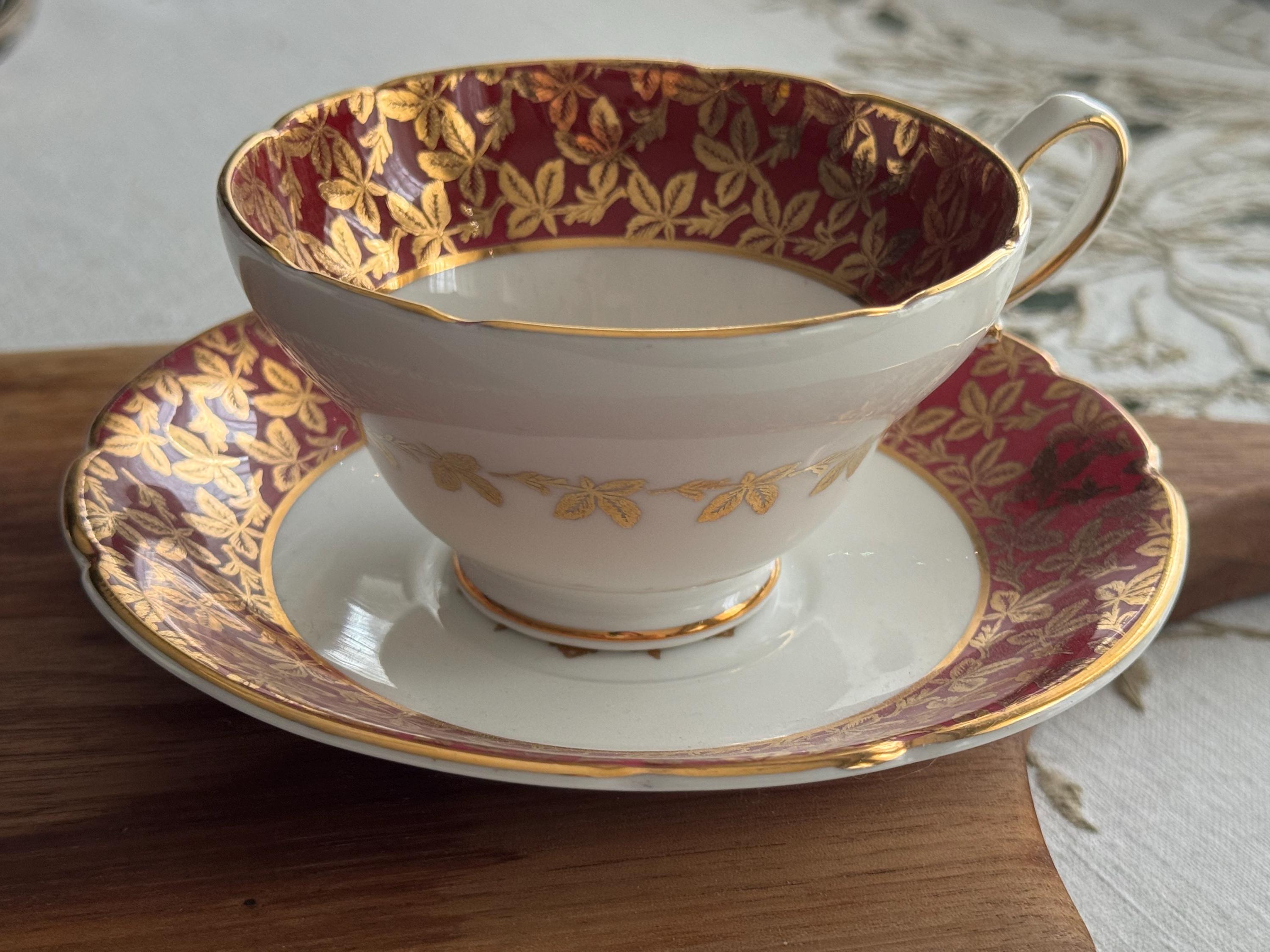 Vintage Staffordshire Stanley Teacup & Saucer – Ruby Red Gold Gilt – Made in England