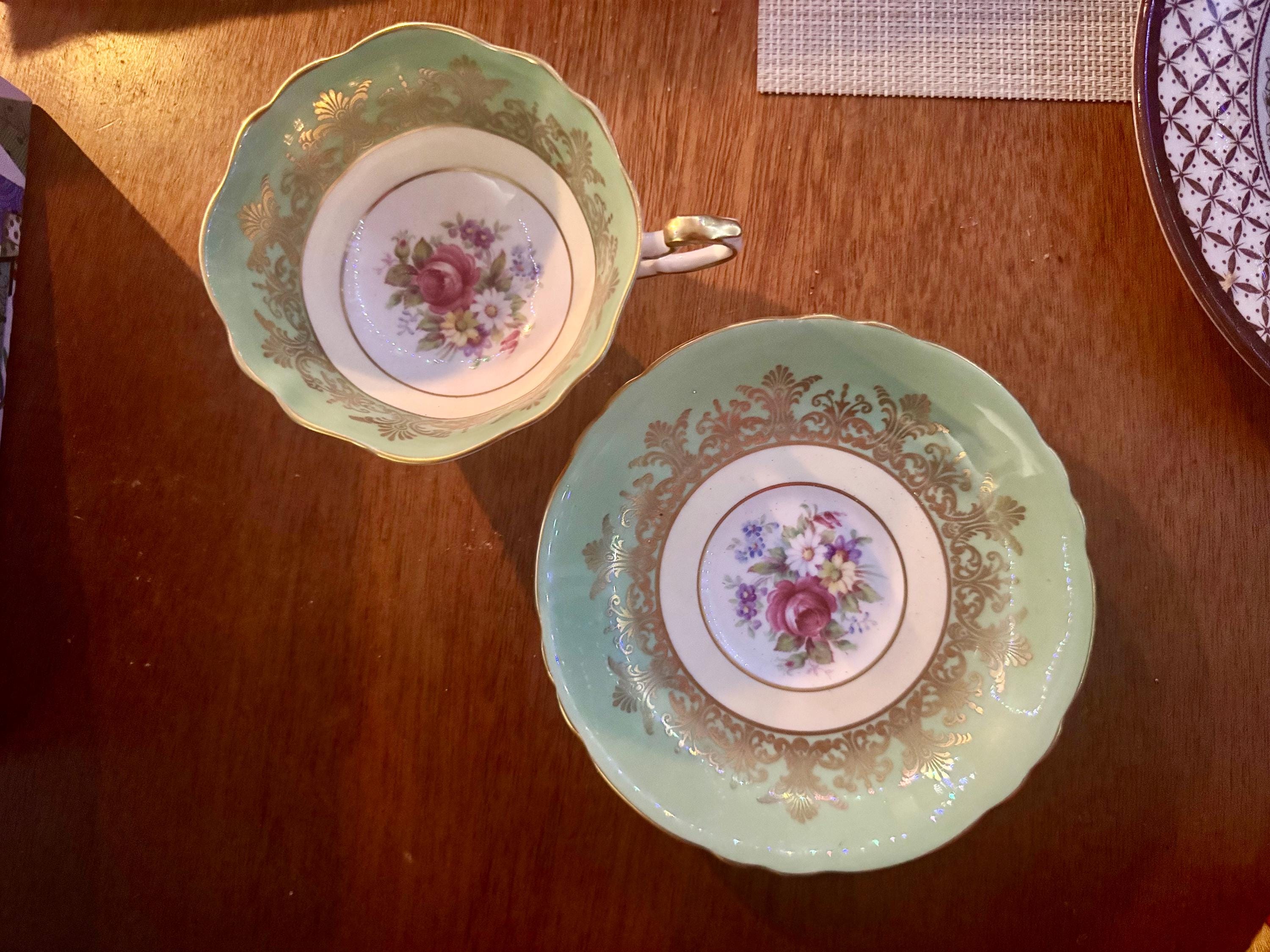 Paragon “Mint Green with Golden Filigree” – Vintage Fine Bone China Cup & Saucer – England