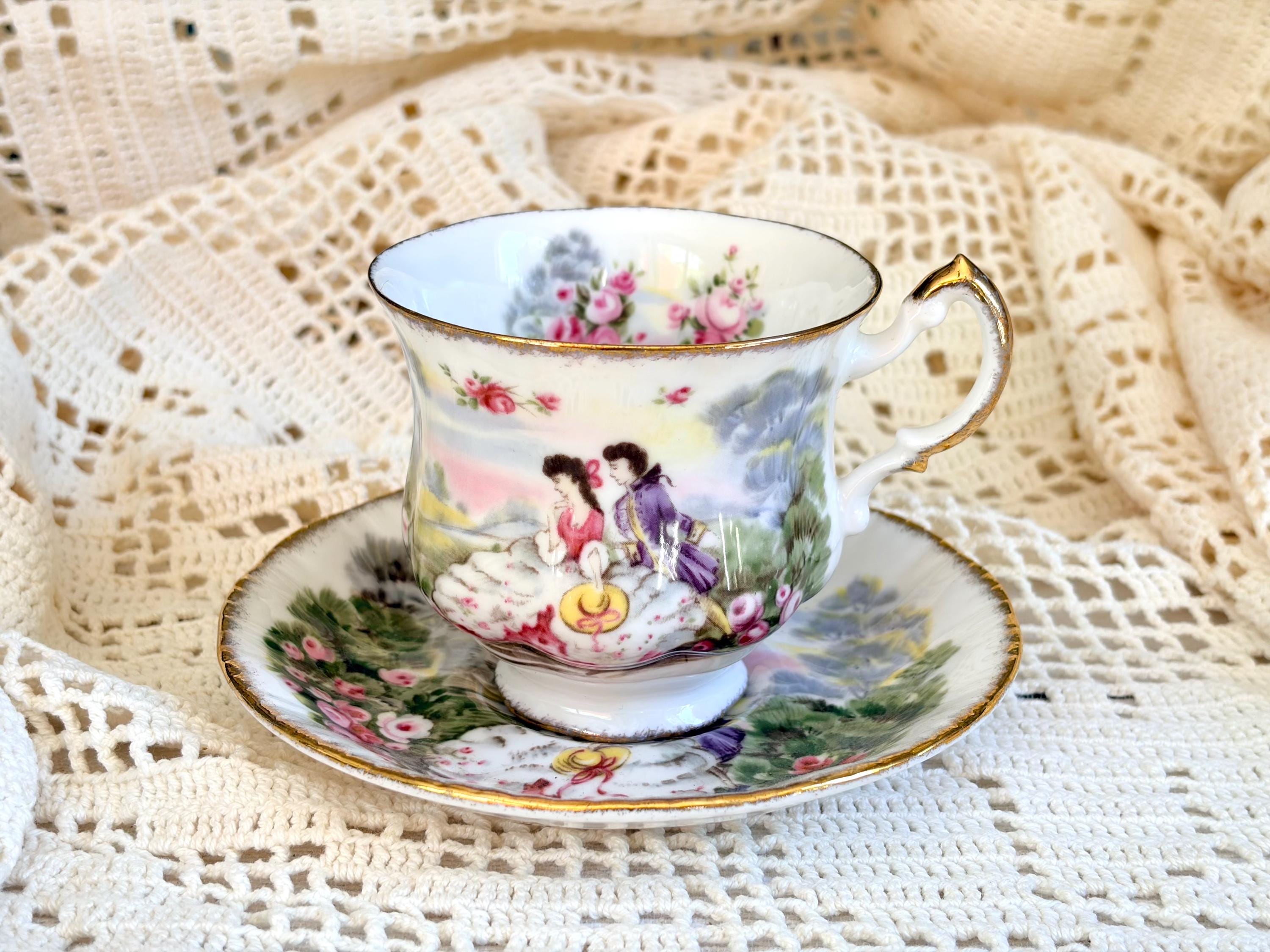 Vintage Paragon Marlborough Series Bone China Teacup & Saucer – Romantic Courting Scene – Made in England