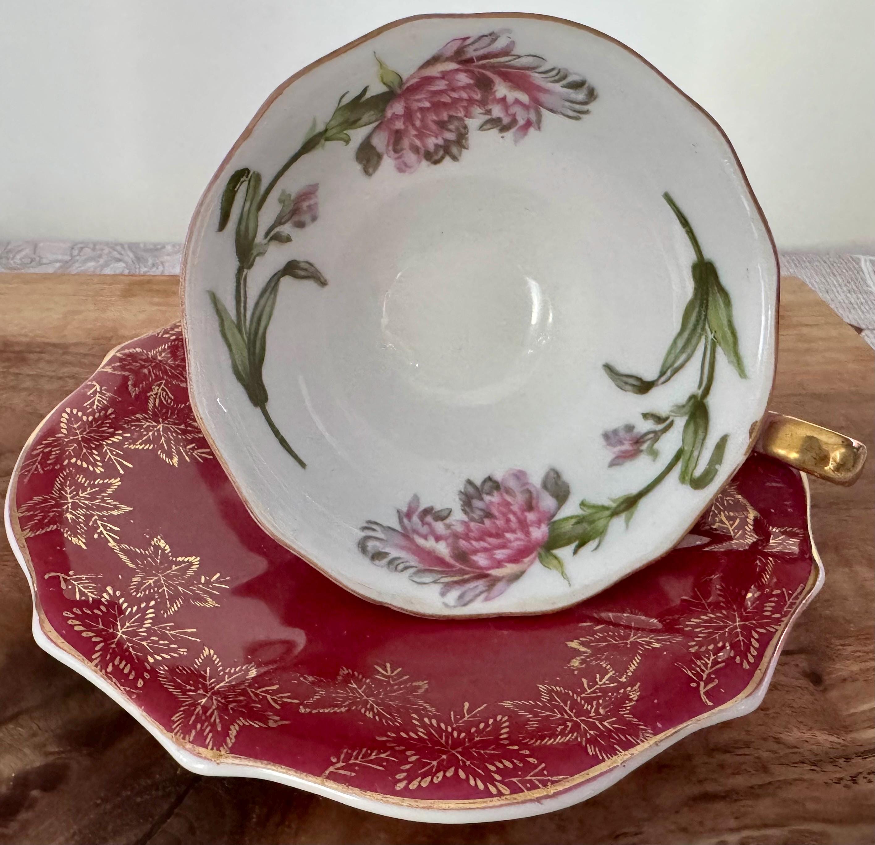 Vintage Hand Painted Japan Three-Footed Teacup & Saucer – Crimson Red with Gold Maple Leaf Motif