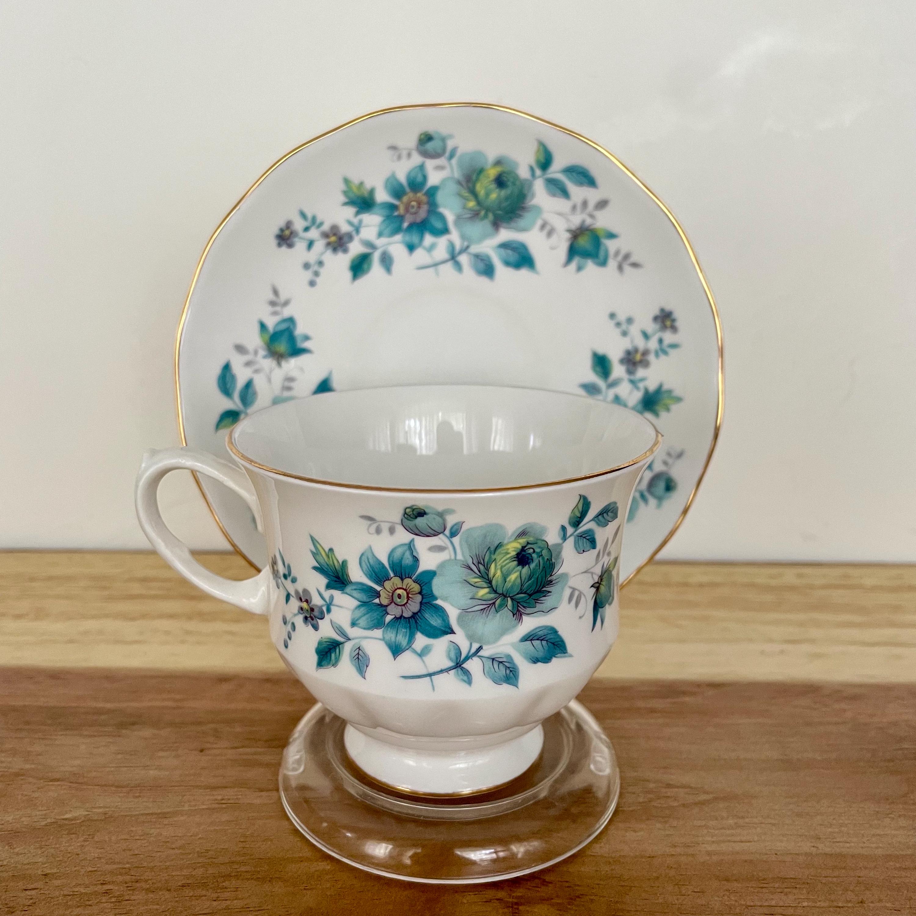 Vintage Queen Anne Bone China Cup ONLY – Teal Green Floral – England