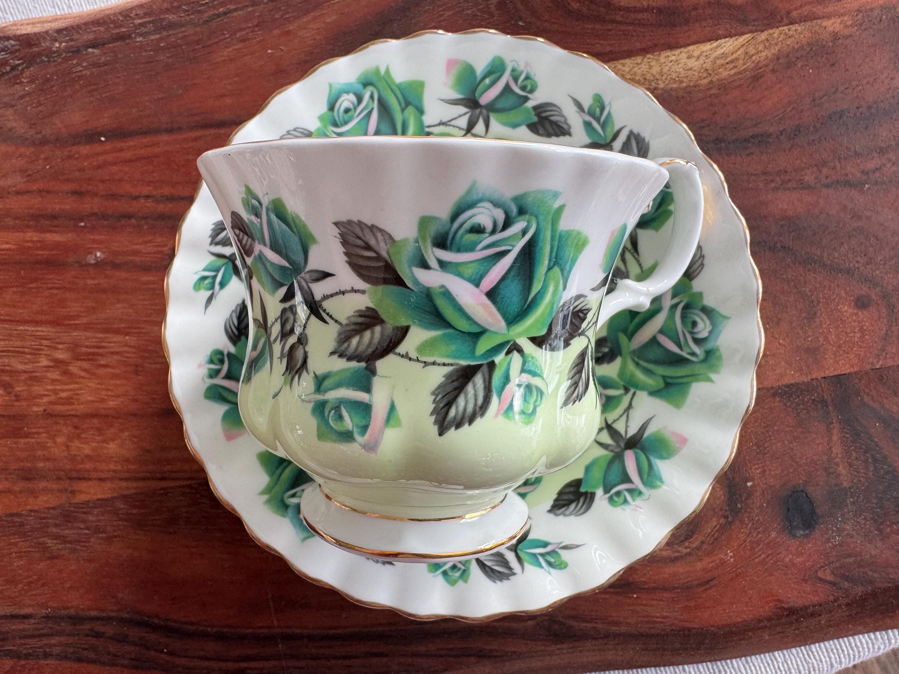 Royal Albert Lakeside Series “Grasmere” Bell-Shaped Teacup & Saucer - Green Rose Elegance