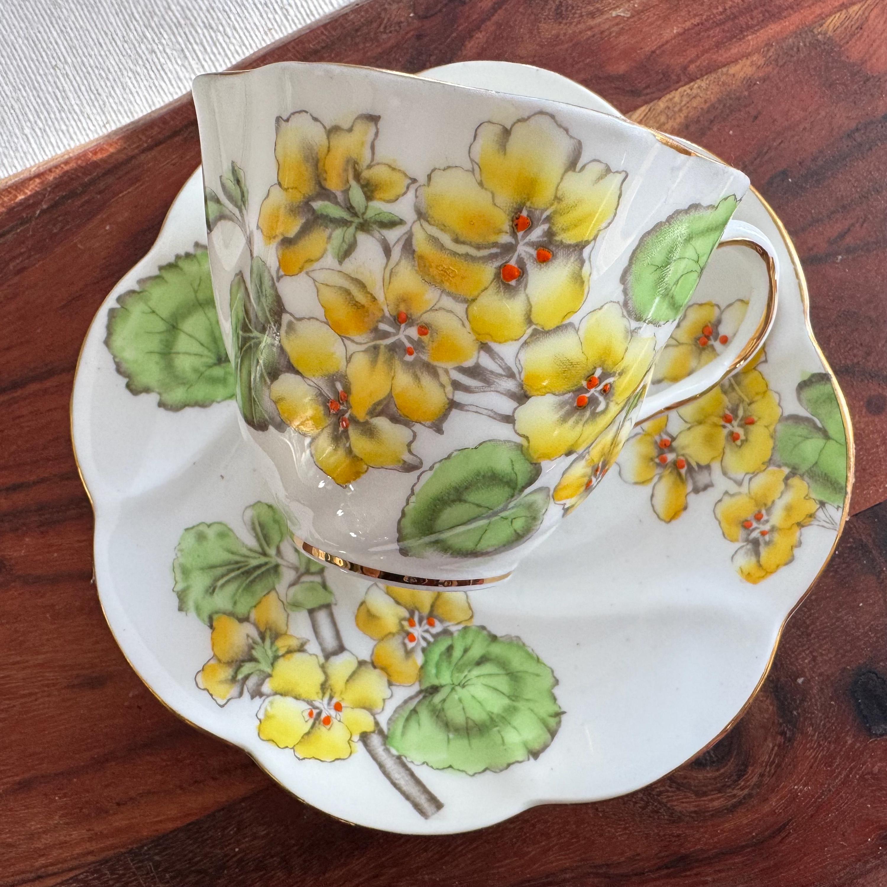 Vintage 1930s Salisbury Bone China Teacup & Saucer - “Geranium” Pattern - Yellow Floral Elegance