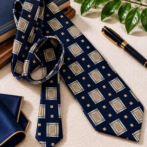 May include: A navy blue tie with a repeating pattern of tan squares and small brown squares. A matching navy blue pocket square is visible. A gold-accented pen and a book are in the background. The tie is a classic accessory for formal wear.