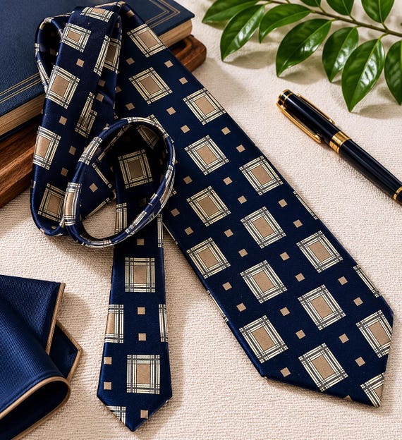 Vintage Gianfranco 100% Silk Tie — Made in Canada — Navy Taupe Geometric Pattern