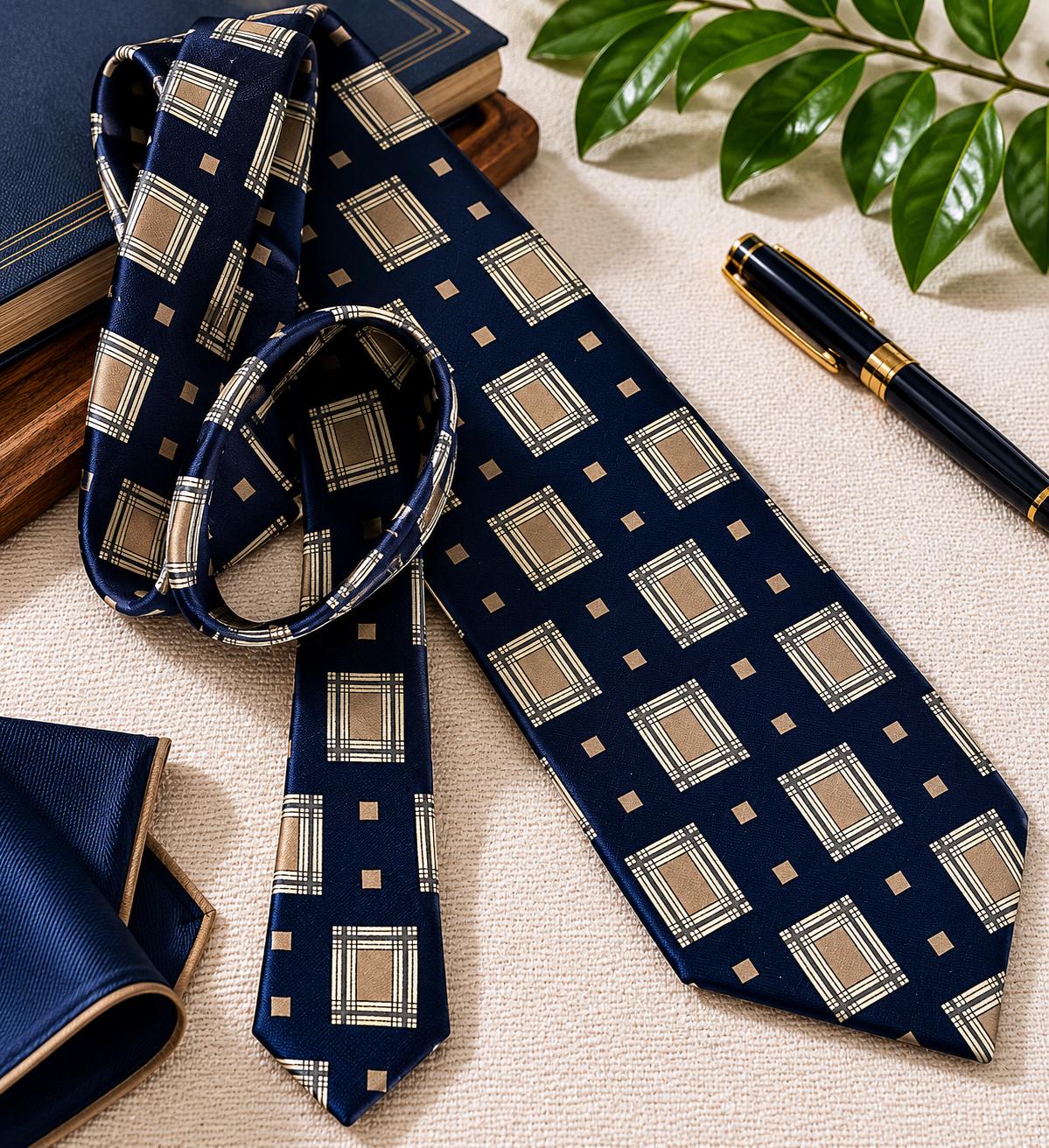 Vintage Gianfranco 100% Silk Tie — Made in Canada — Navy Taupe Geometric Pattern