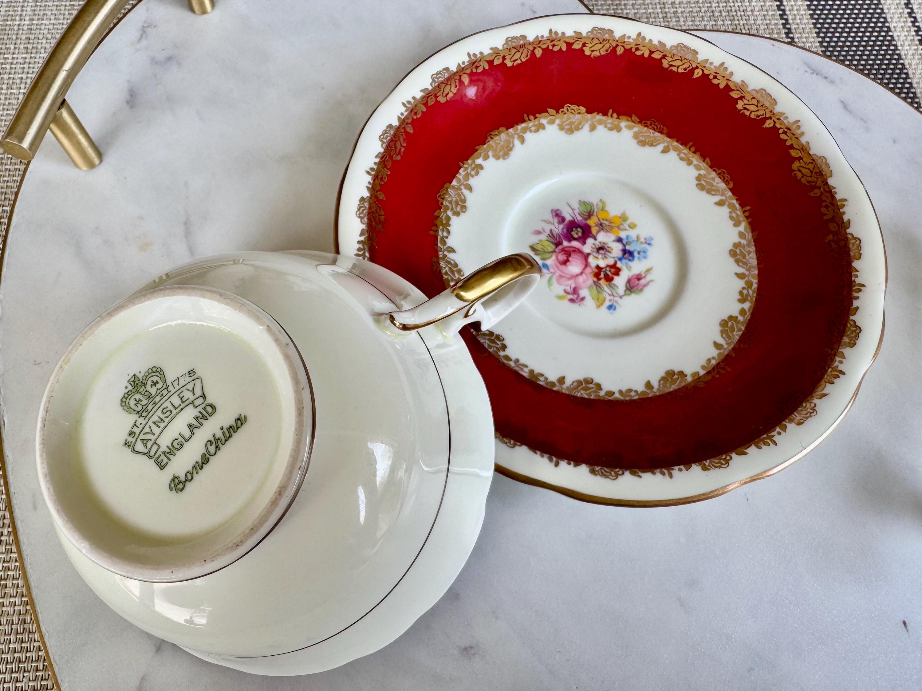 Vintage Aynsley Teacup and Saucer: Burgundy Floral, Gold Trim, Made in England