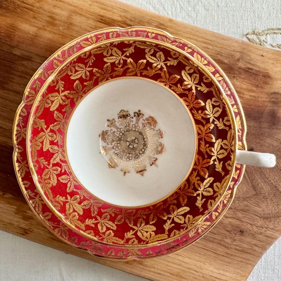Vintage Staffordshire Stanley Teacup & Saucer – Ruby Red Gold Gilt – Made in England