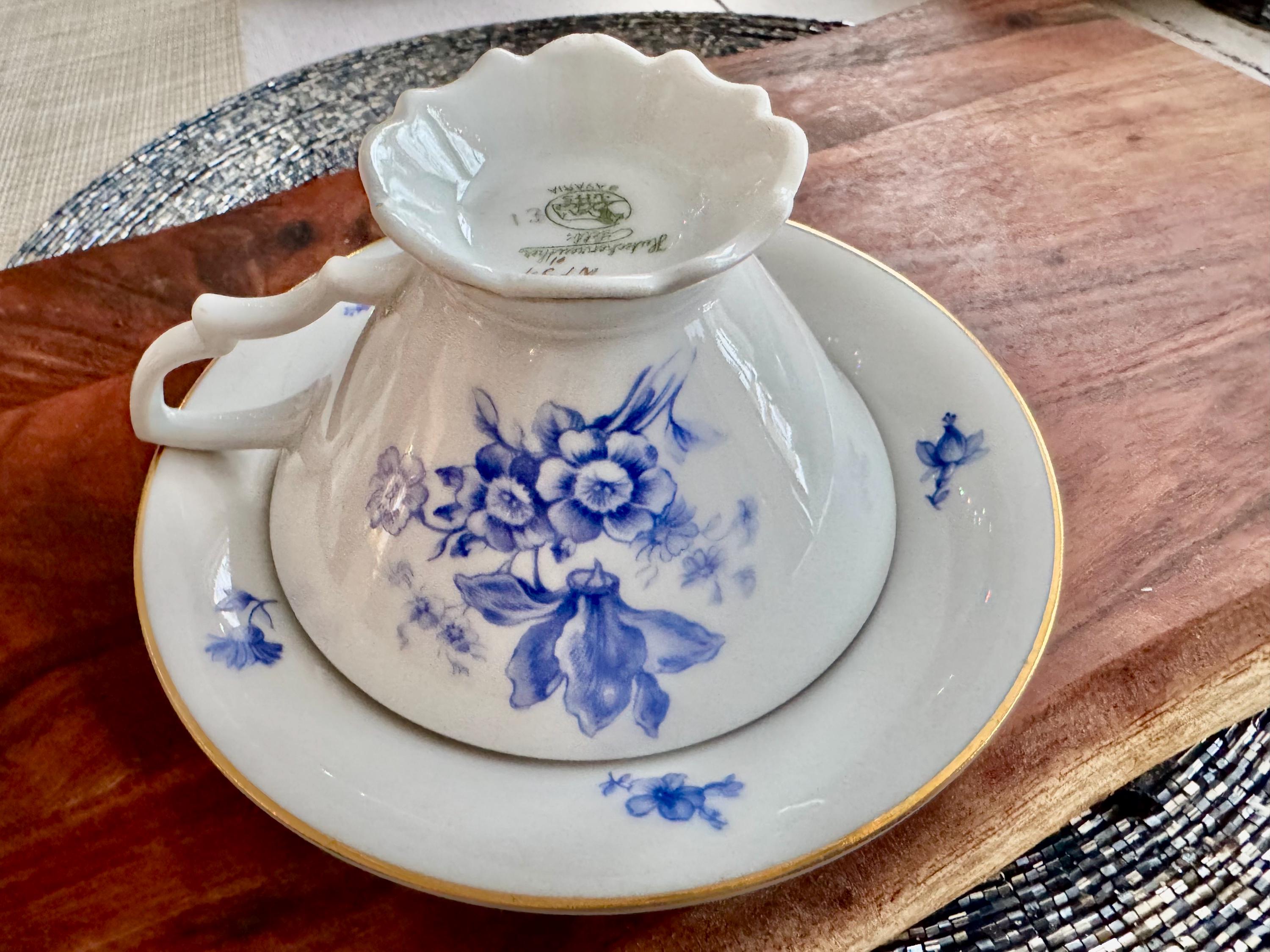 Hutschenreuther Bavaria 2731 Blue Floral Footed Cup & Saucer Set