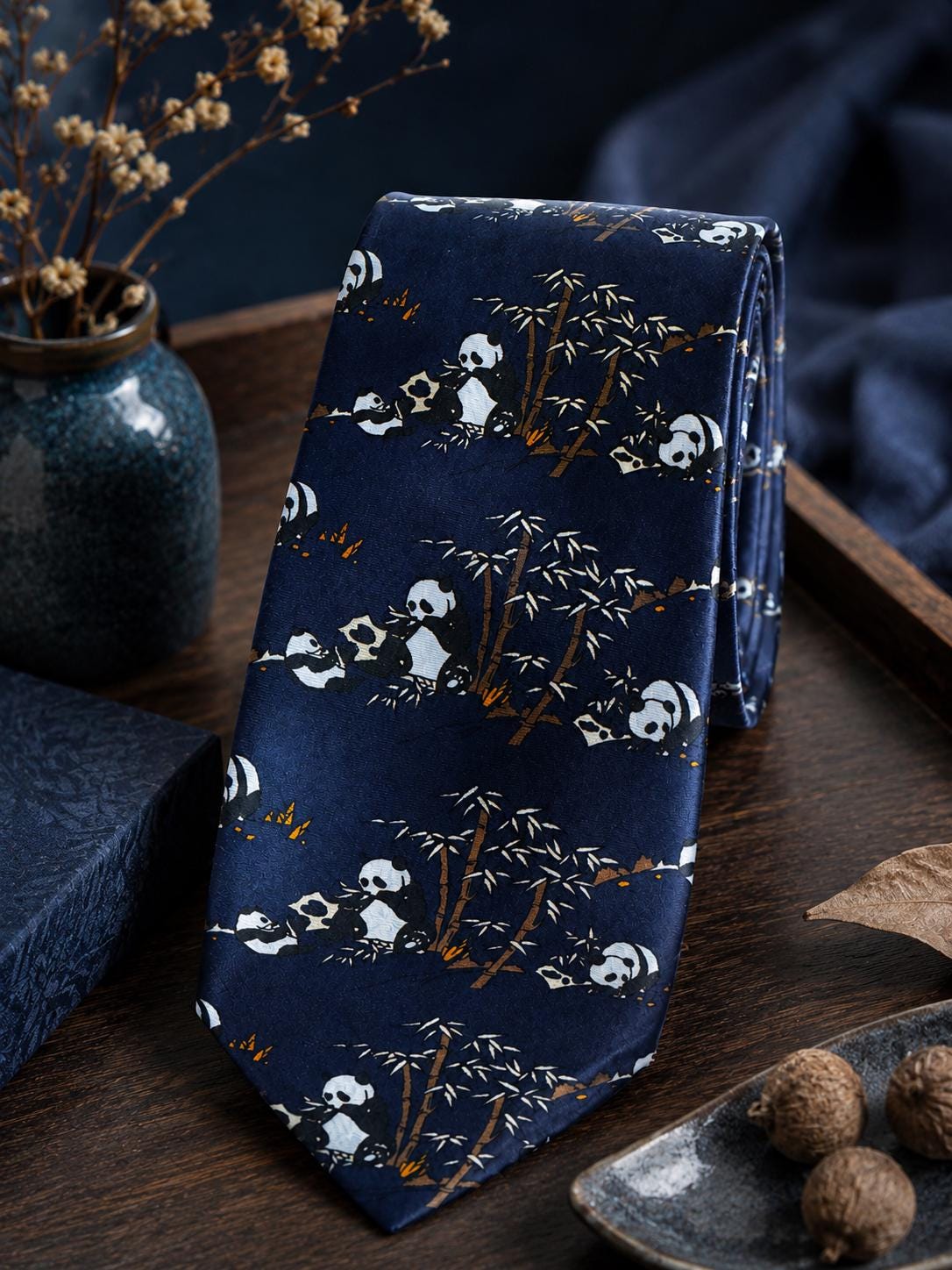 Vintage Kai Long Silk Necktie – Panda & Bamboo Novelty Tie – Never Worn
