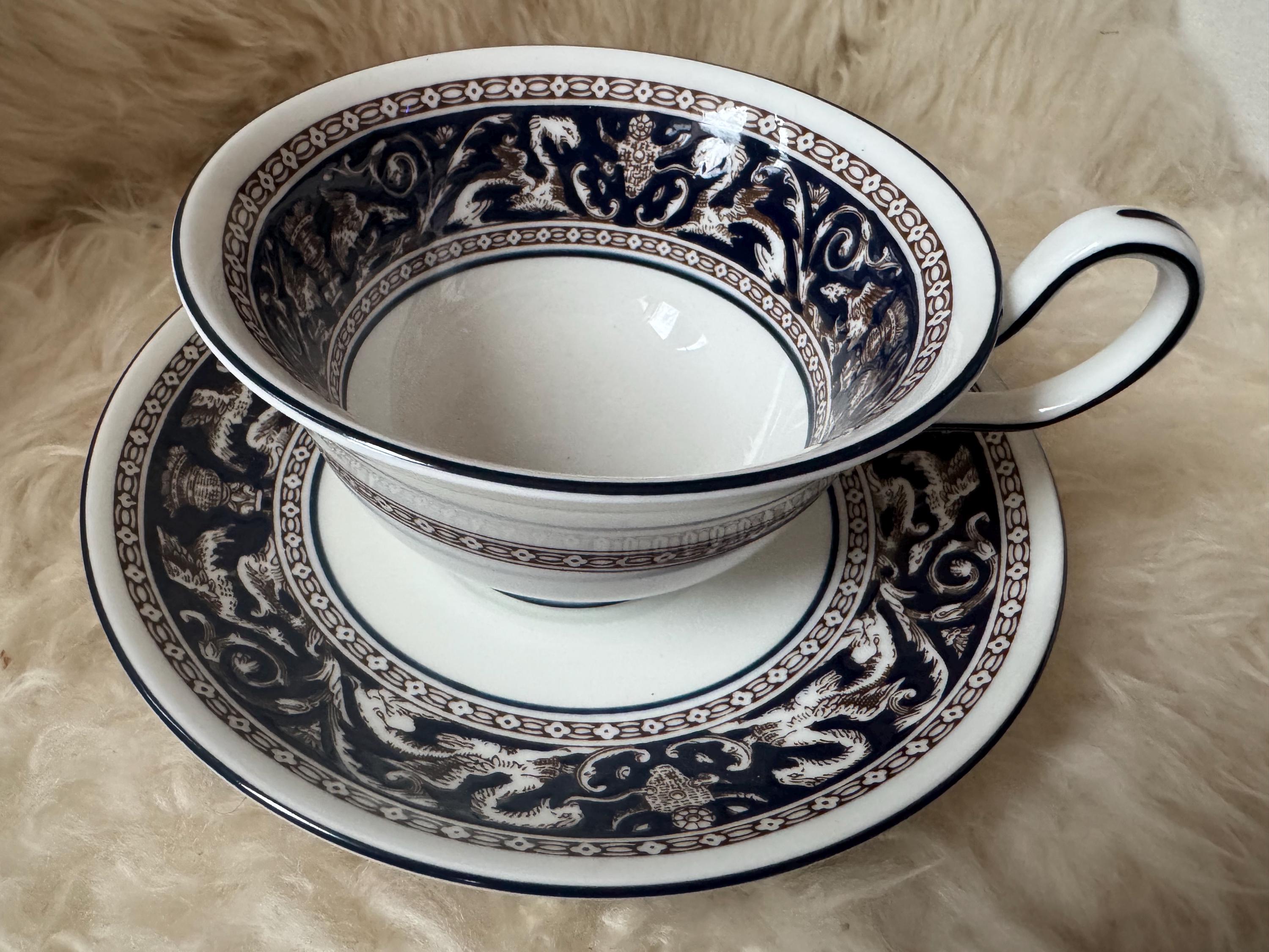 Wedgwood Florentine Teacup & Saucer – Blue Brown – Bone China England