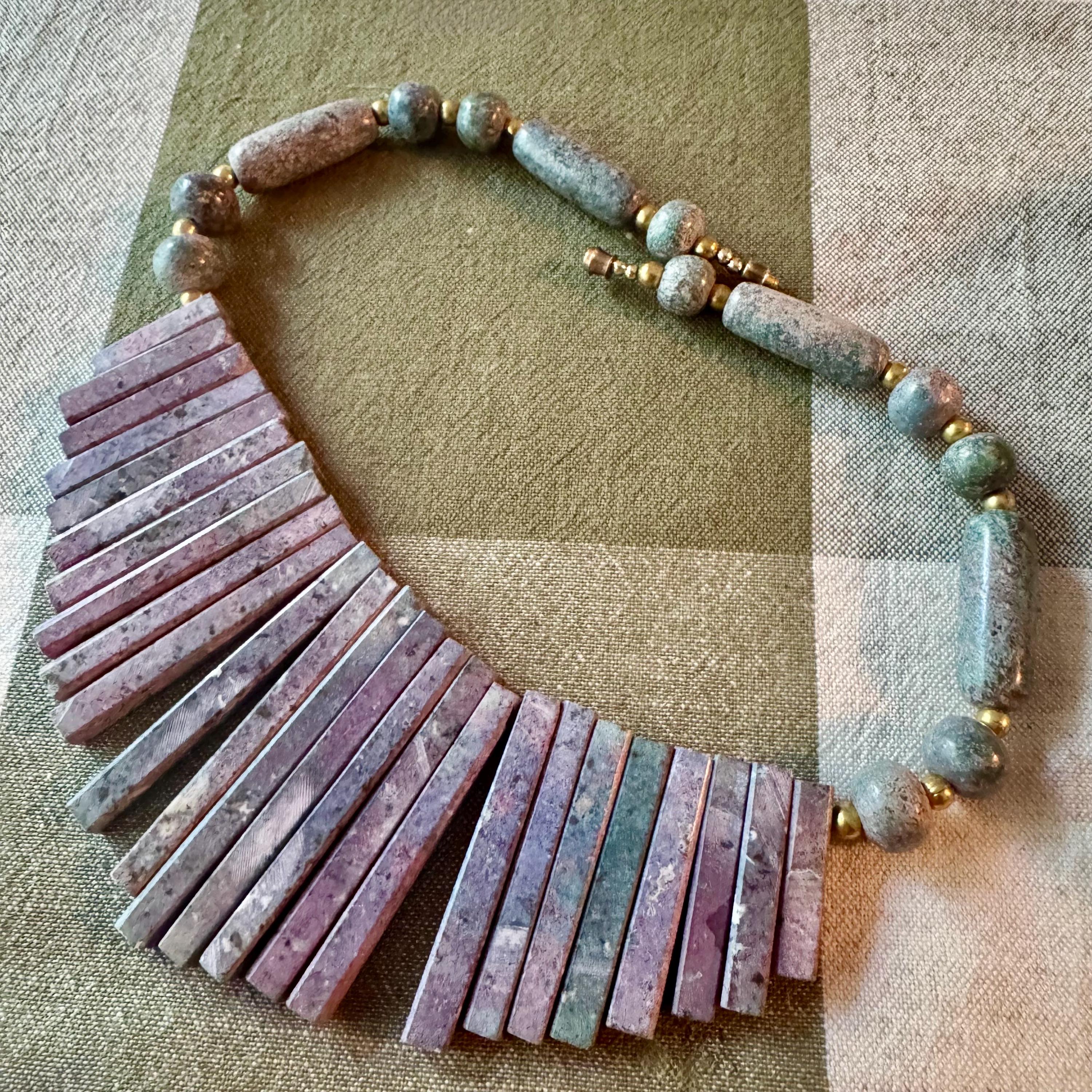 Vintage Blue Jasper Semi-Precious Stone Cleopatra Fan Bib Necklace