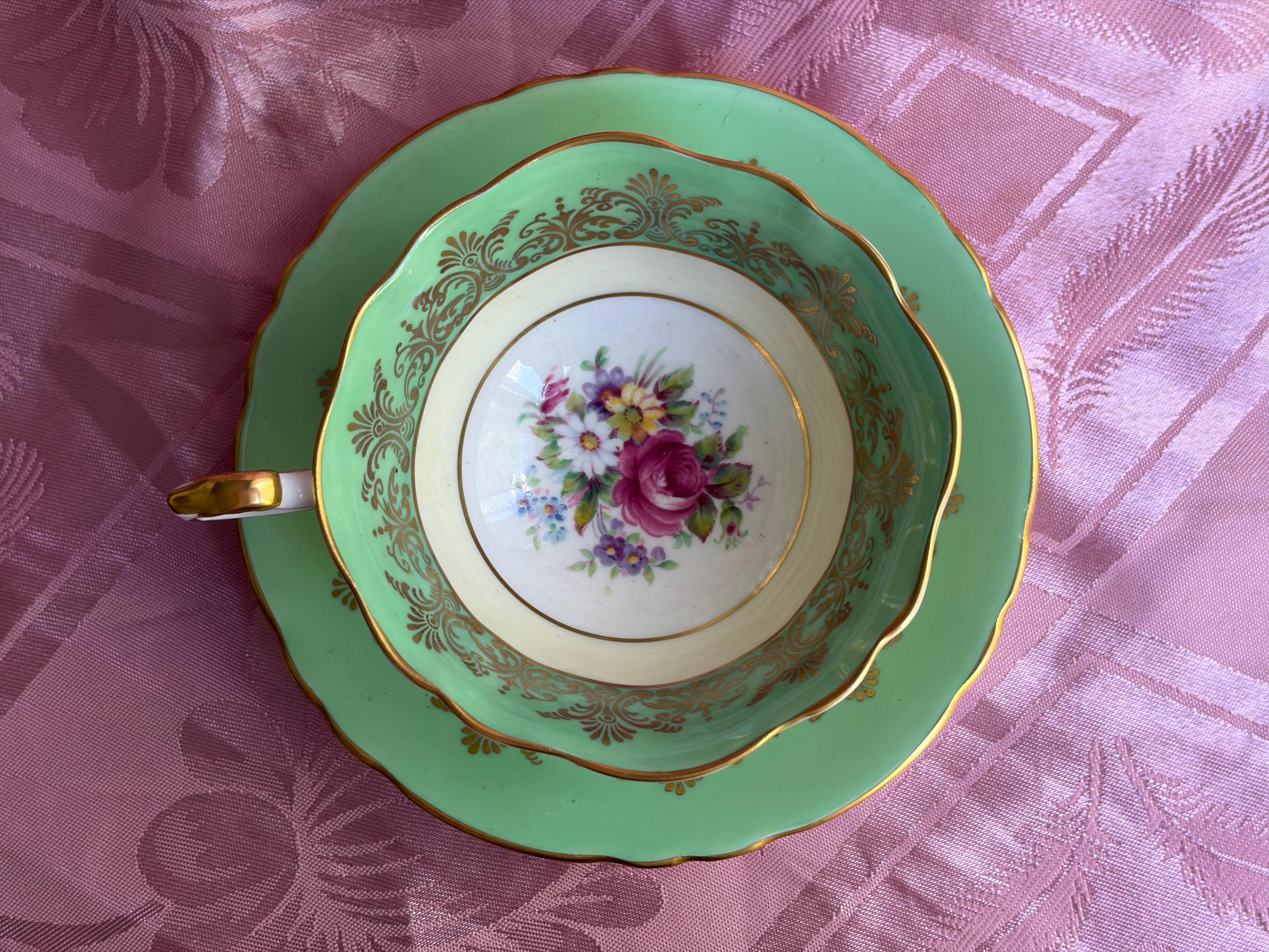 Paragon “Mint Green with Golden Filigree” – Vintage Fine Bone China Cup & Saucer – England