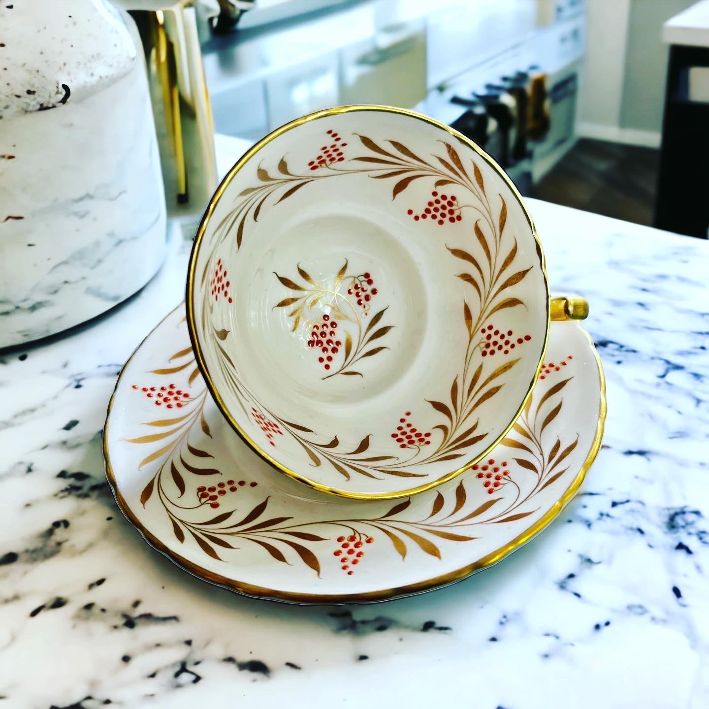 Vintage Bacchus Fine Bone China Teacup and Saucer — Gold Vine & Red Berry, England