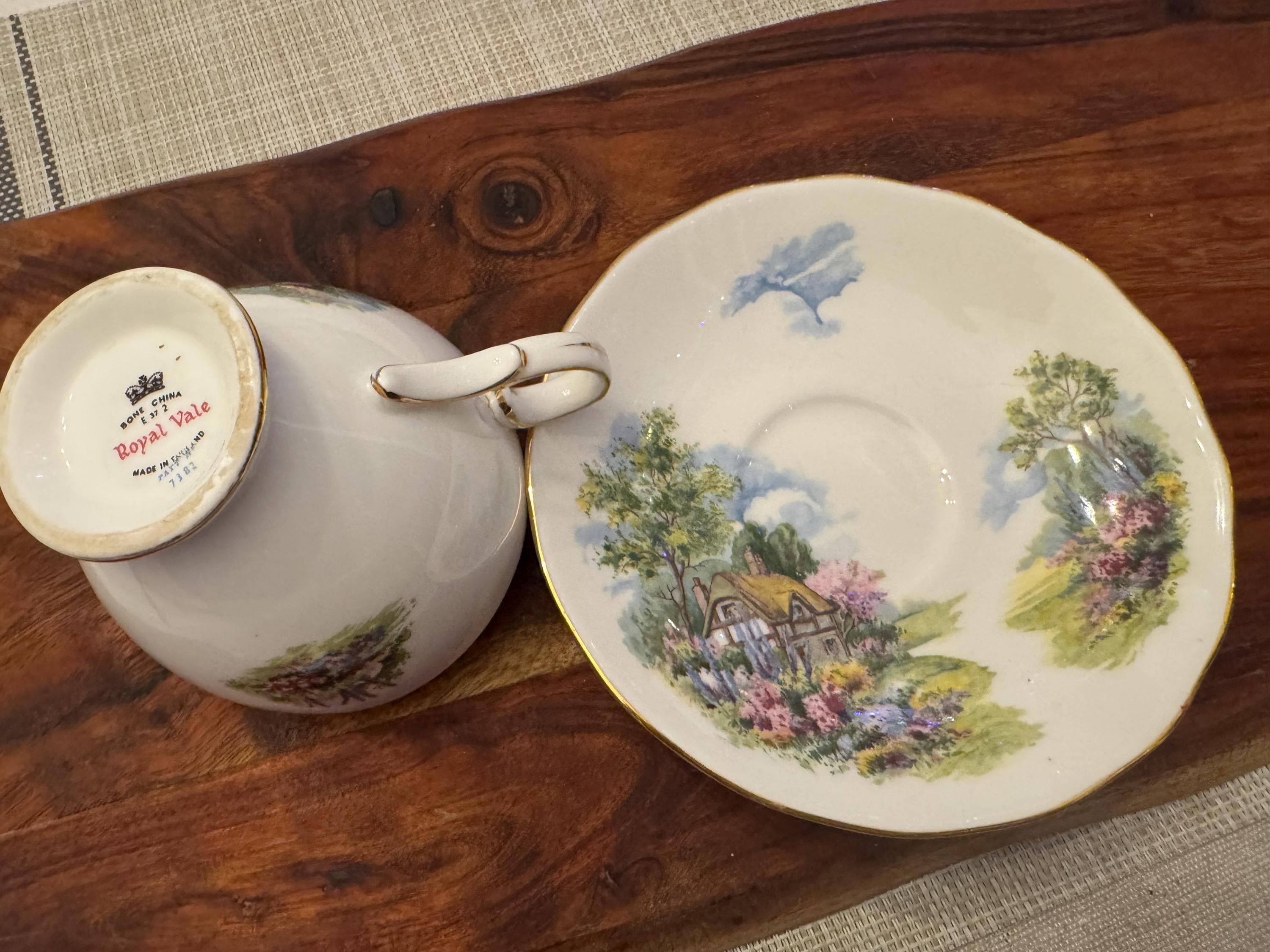 Vintage Royal Vale Countryside Houses Tea Cup and Saucer Set - Fine Bone China