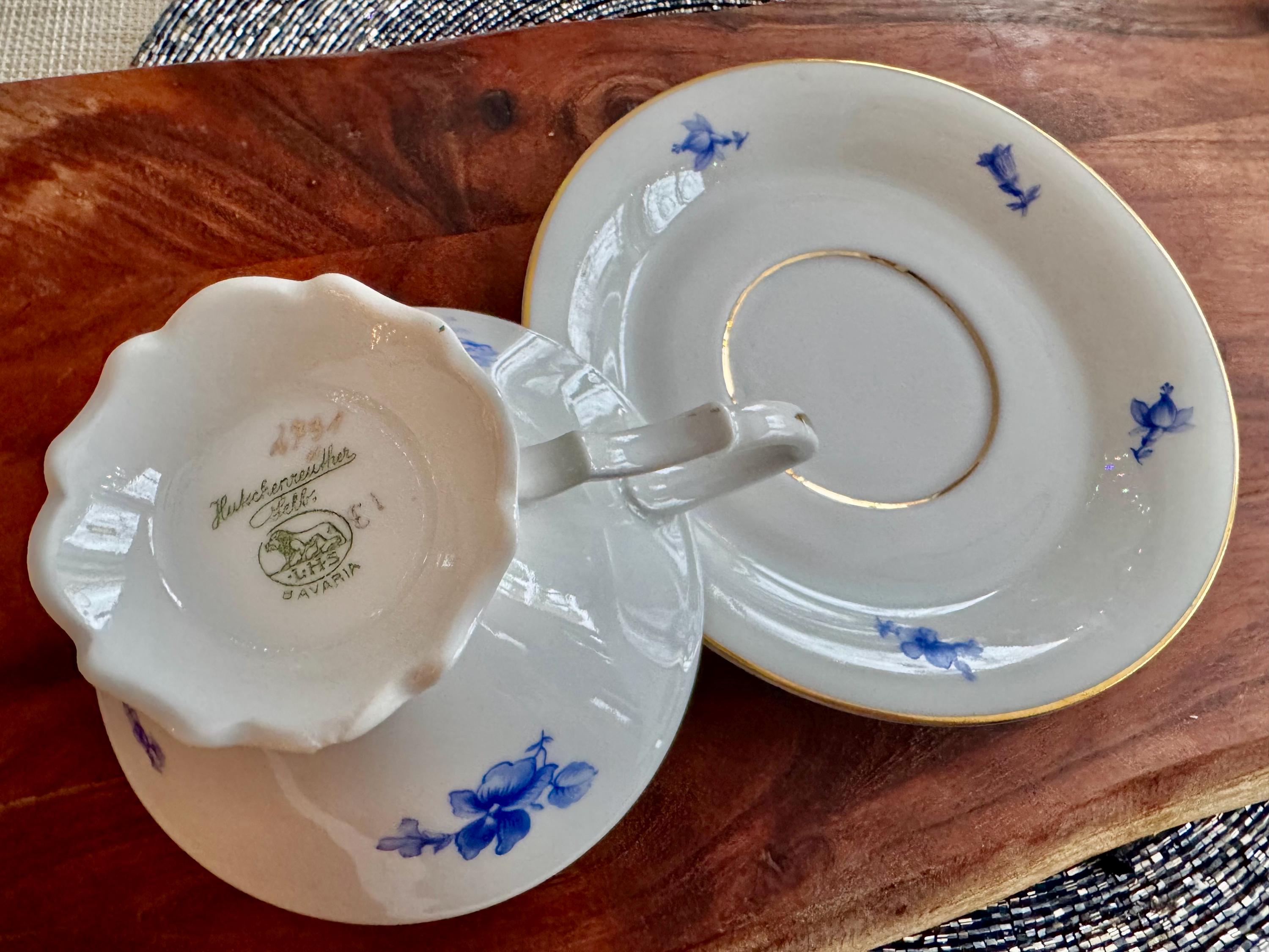 Hutschenreuther Bavaria 2731 Blue Floral Footed Cup & Saucer Set
