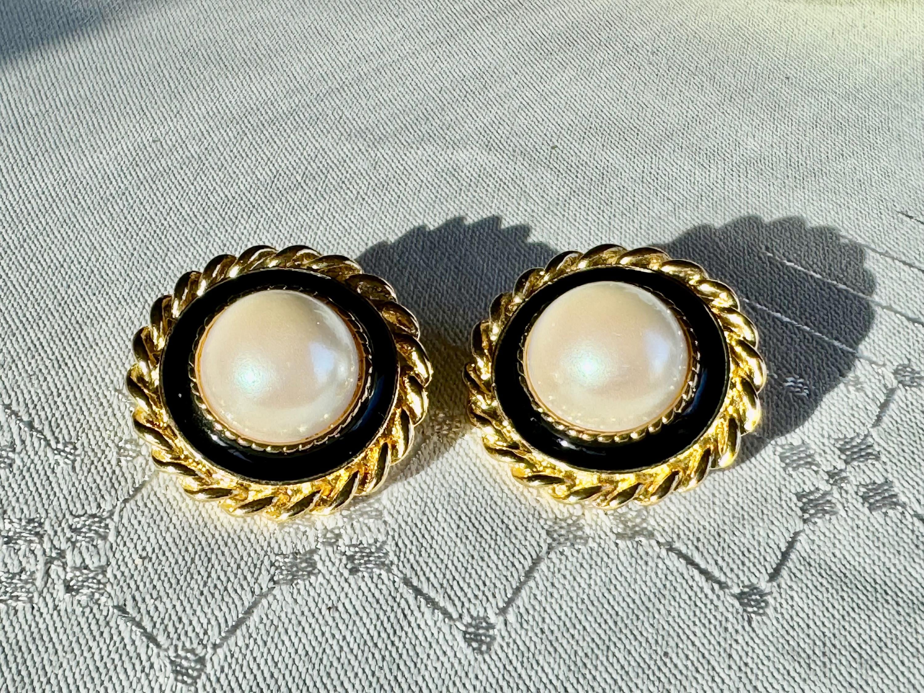 Vintage Park Lane Clip-On Earrings — Faux Pearl & Black Enamel Gold Tone Statement
