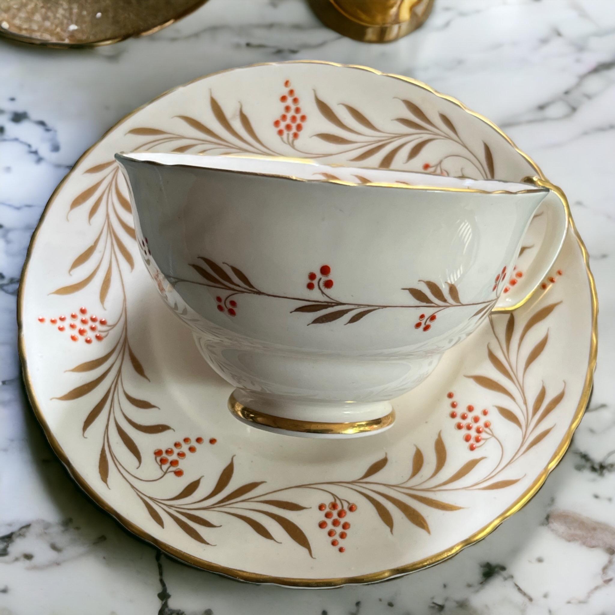 Vintage Bacchus Fine Bone China Teacup and Saucer — Gold Vine & Red Berry, England