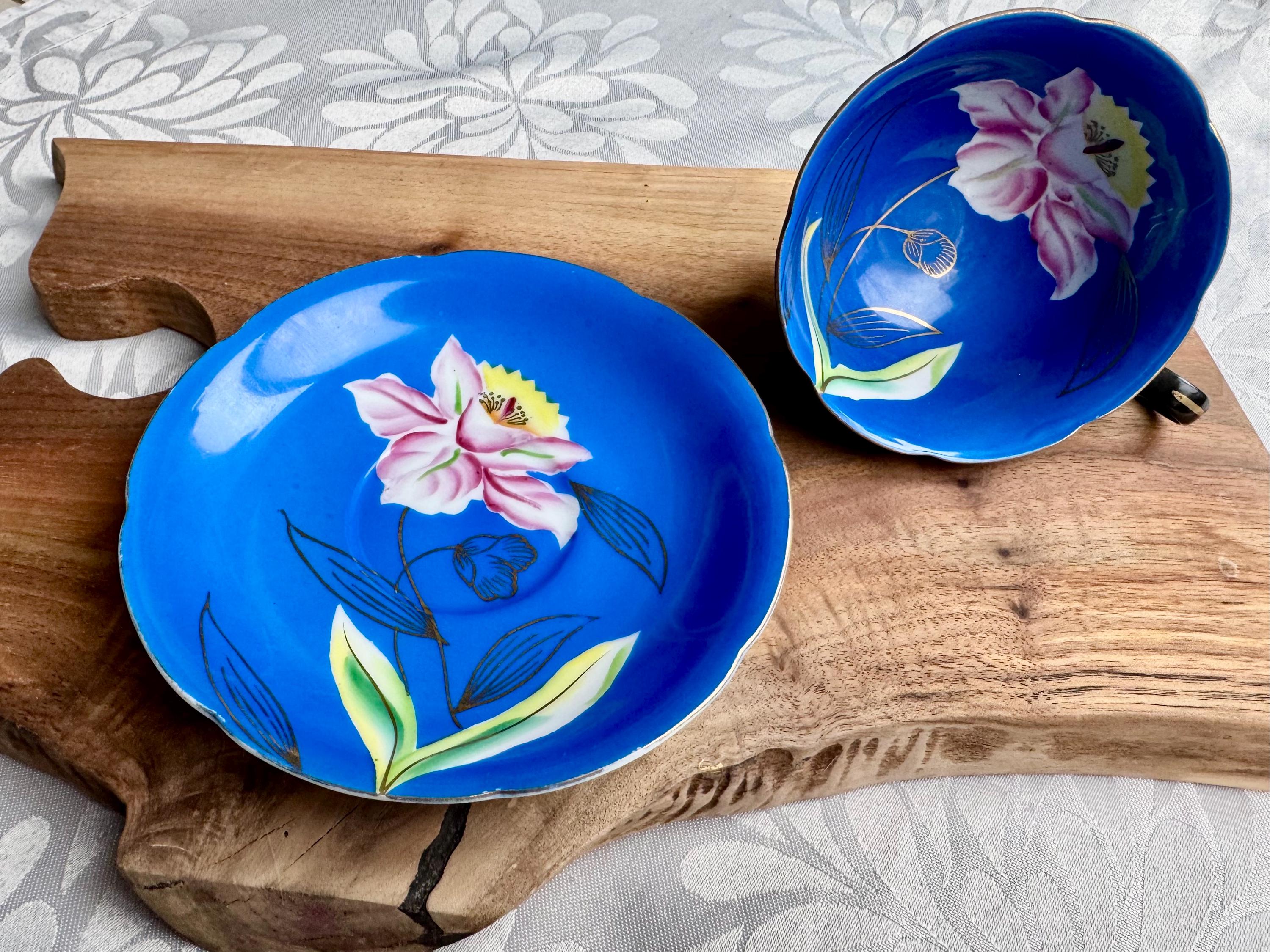 Vintage Princess China Japan Teacup & Saucer – Blue Interior, Black Exterior – Hand-Painted Floral