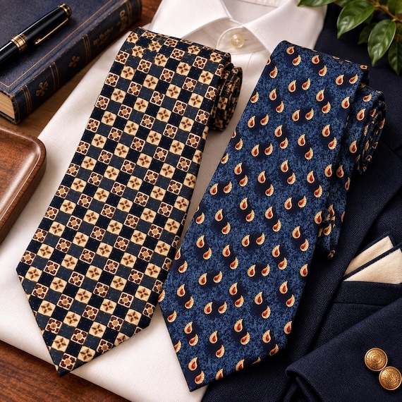 Vintage GAP 100% Silk Tie — Made in USA — Navy, Cream, Bronze Geometric Pattern
