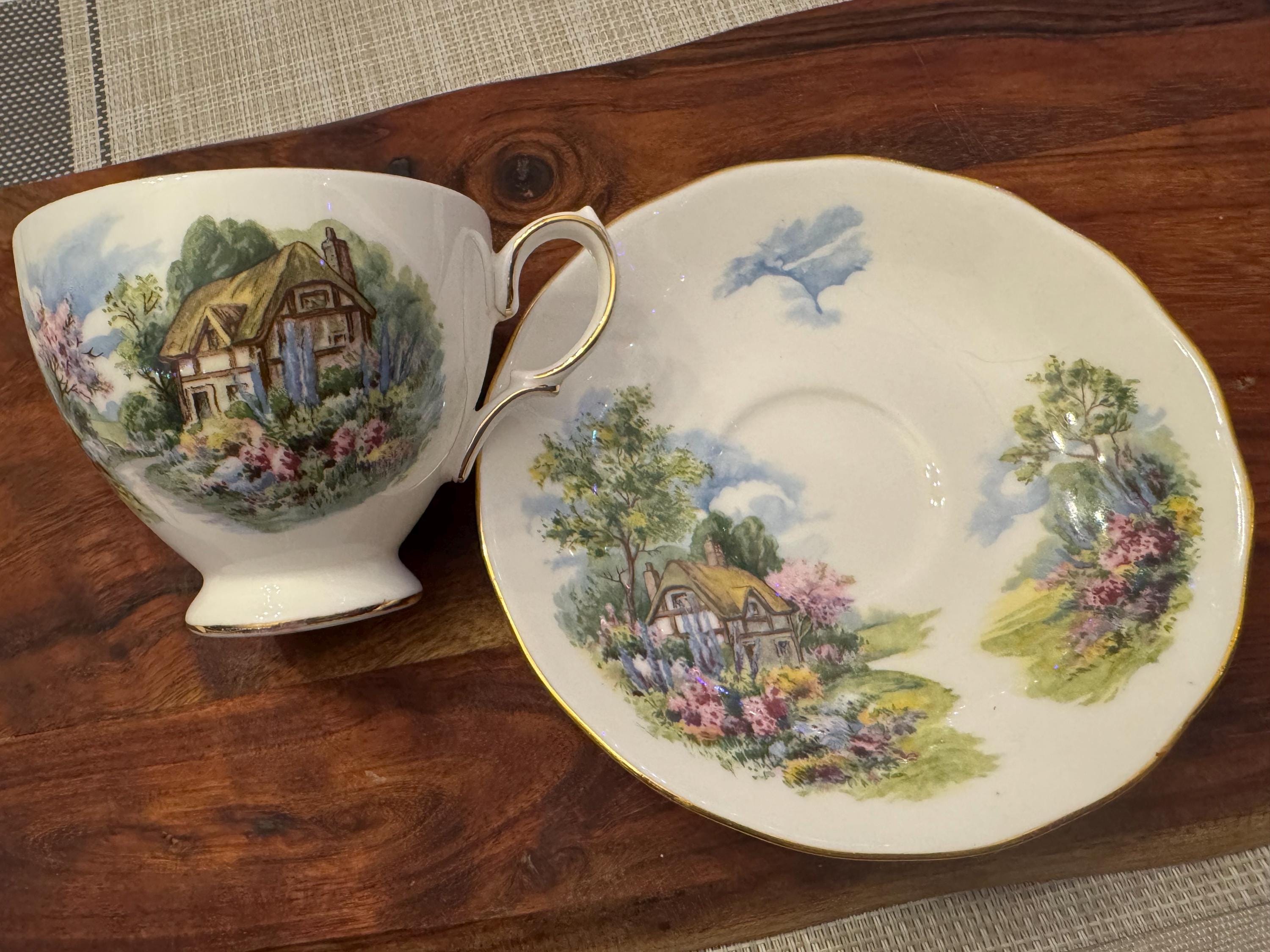 Vintage Royal Vale Countryside Houses Tea Cup and Saucer Set - Fine Bone China