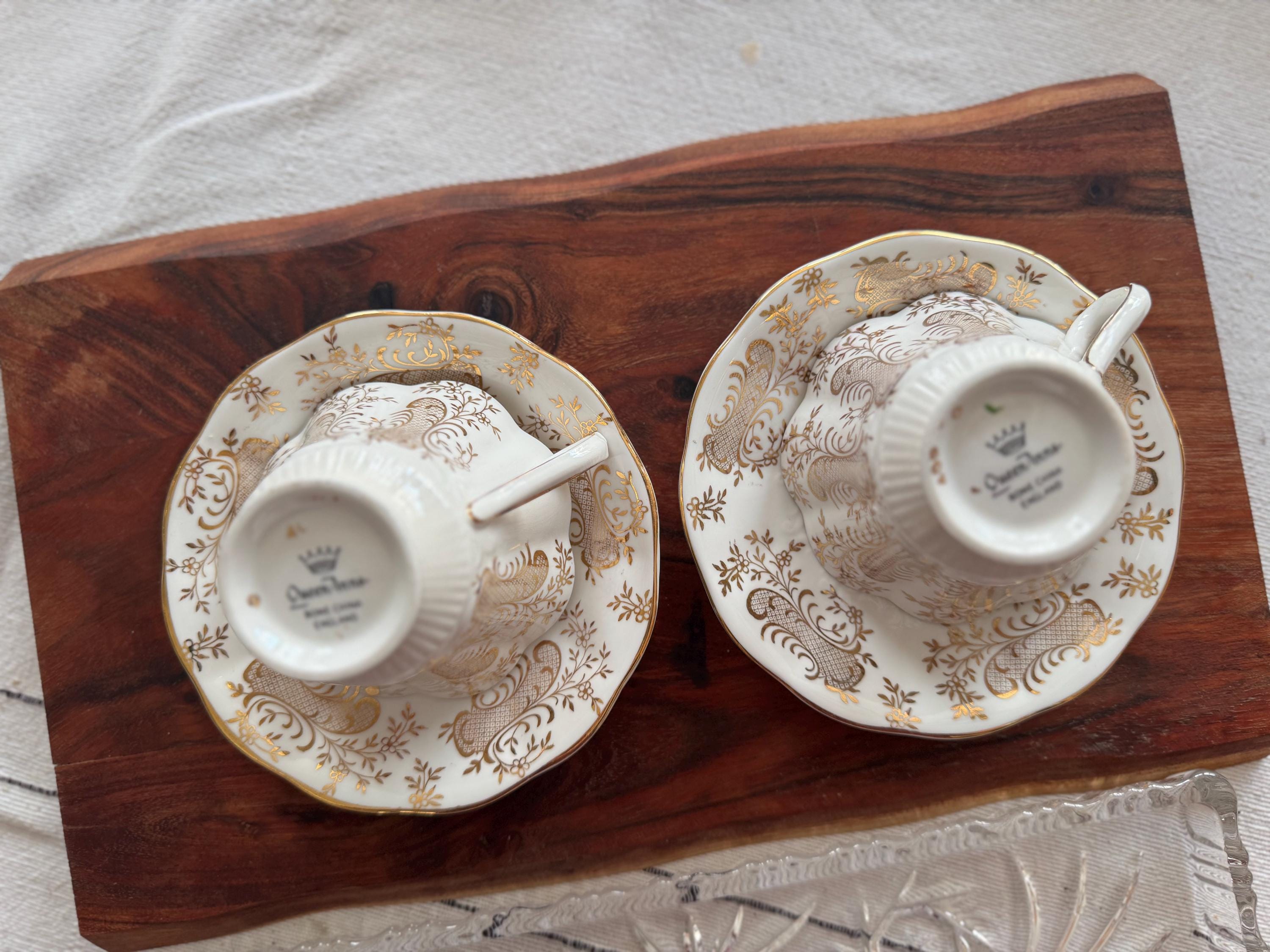 Vintage Queen Anne Fine Bone China Teacup & Saucer with Heavy Gold Detailing