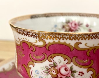 Vintage Paragon Fine Bone China Cup & Saucer – Pink Gold Scrollwork with Hand-Painted Roses – England