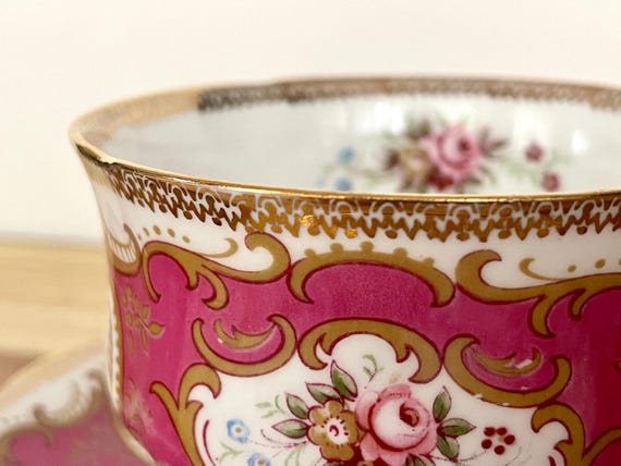 Vintage Paragon Fine Bone China Cup & Saucer – Pink Gold Scrollwork with Hand-Painted Roses – England