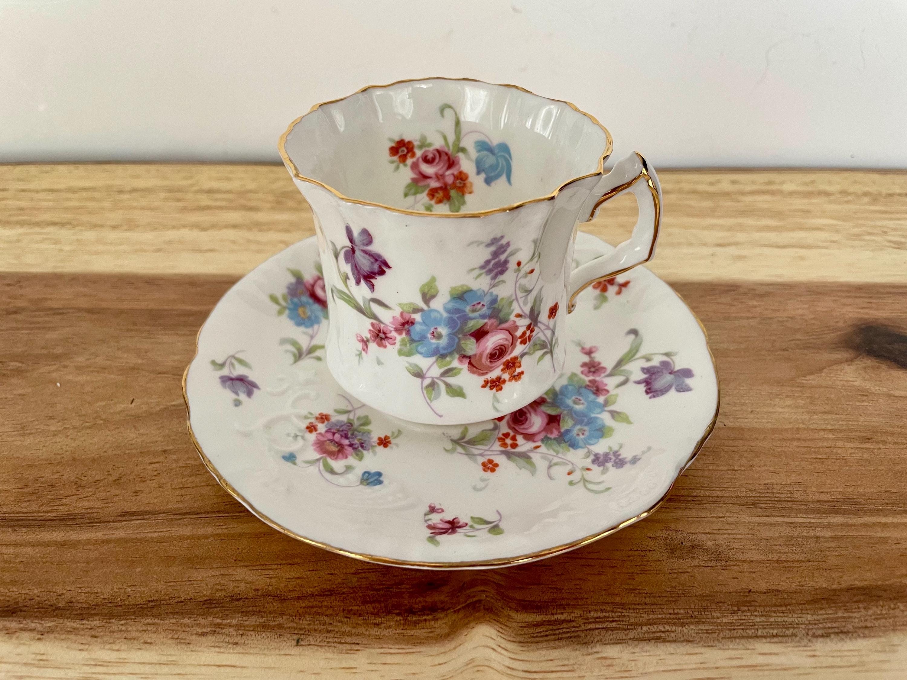 Vintage Hammersley Bone China Teacup & Saucer – 6072 – Pink, Blue, Purple Floral – England