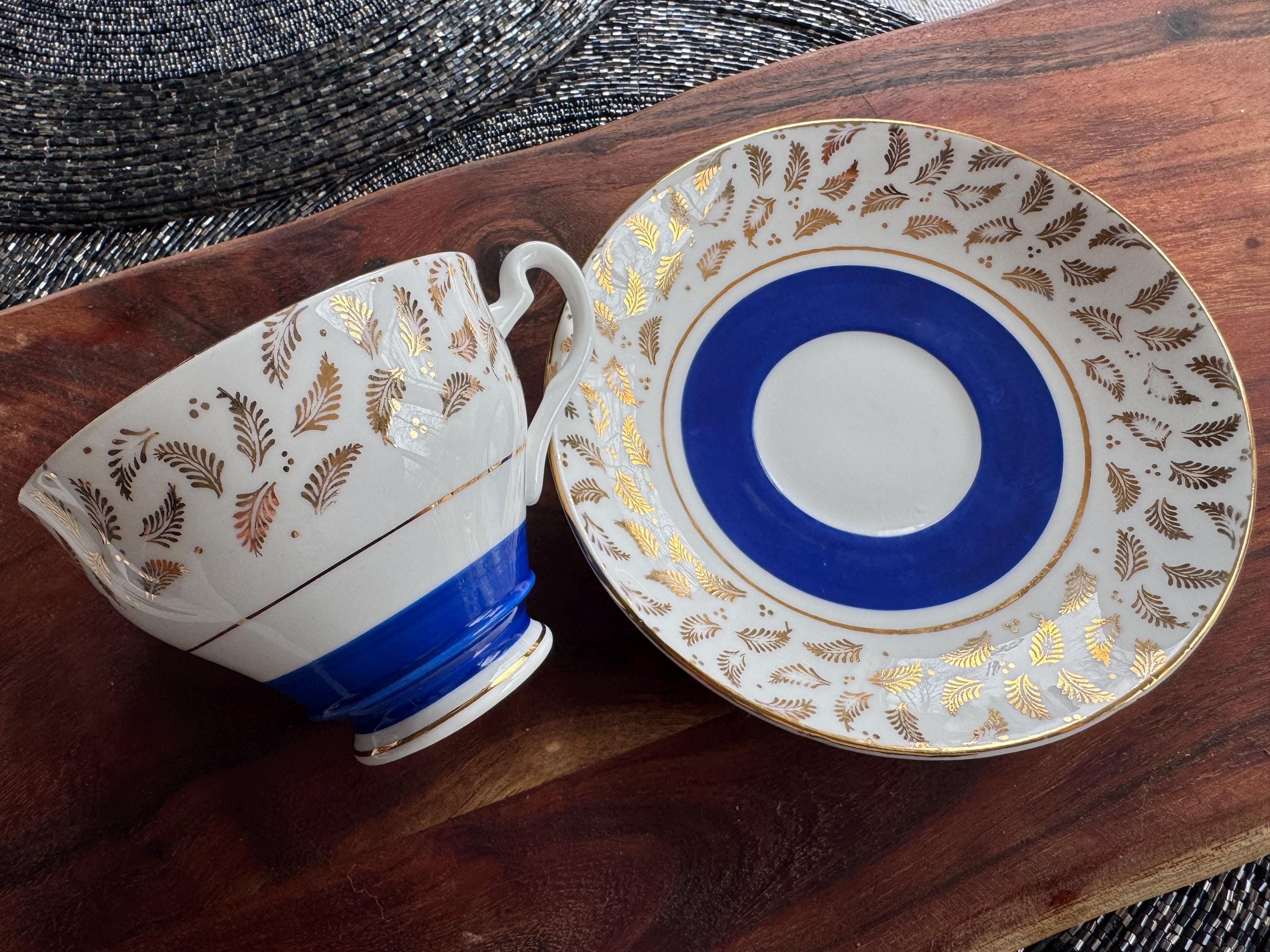 Vintage Crownford Bone China Teacup & Saucer: Cobalt Blue, Gold Laurel Leaf