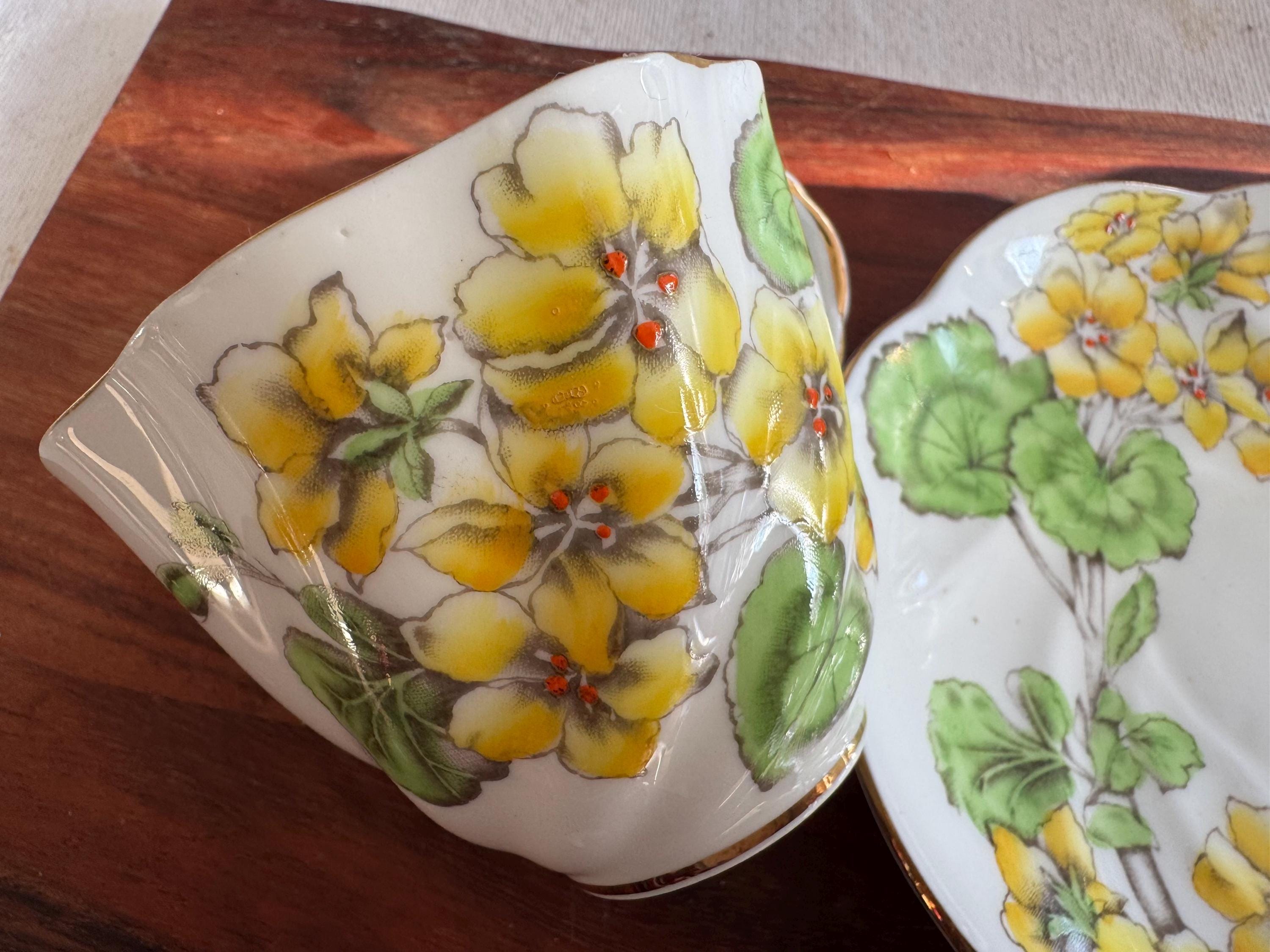Vintage 1930s Salisbury Bone China Teacup & Saucer - “Geranium” Pattern - Yellow Floral Elegance