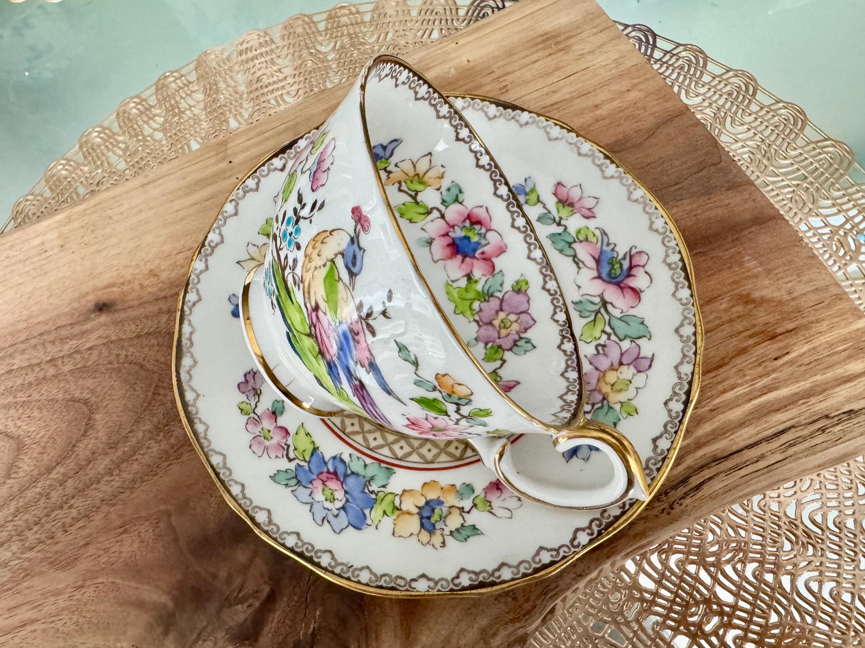 Vintage Crown Staffordshire Cup & Saucer - Hand-Painted Peacock Floral Design