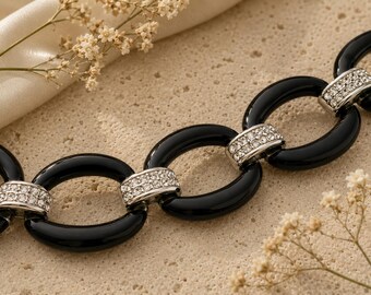Vintage Butler Black Link Statement Necklace with Rhinestone Accents – Bold Retro Glam Jewelry