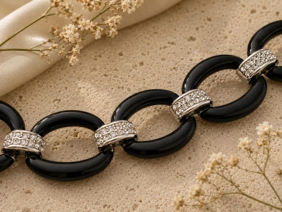 Vintage Butler Black Link Statement Necklace with Rhinestone Accents – Bold Retro Glam Jewelry