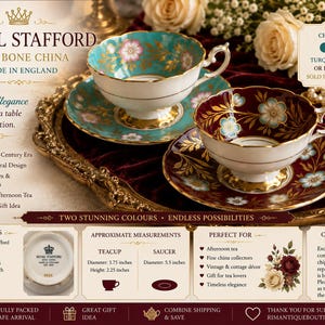May include: Two Royal Stafford fine bone china teacups and saucers, one in turquoise blue and one in burgundy, both featuring floral patterns, scalloped rims, and gold accents. Teacup diameter is 3.75 inches and height is 2.25 inches; saucer is 5.5 inches.