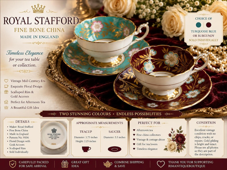 May include: Two Royal Stafford fine bone china teacups and saucers, one in turquoise blue and one in burgundy, both featuring floral patterns, scalloped rims, and gold accents. Teacup diameter is 3.75 inches and height is 2.25 inches; saucer is 5.5 inches.