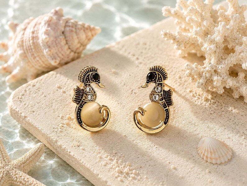 May include: A pair of gold-toned seahorse earrings with black accents and clear crystals. The earrings have a cream-colored pearl-like body. The image is set on a sandy surface with seashells and coral in the background.