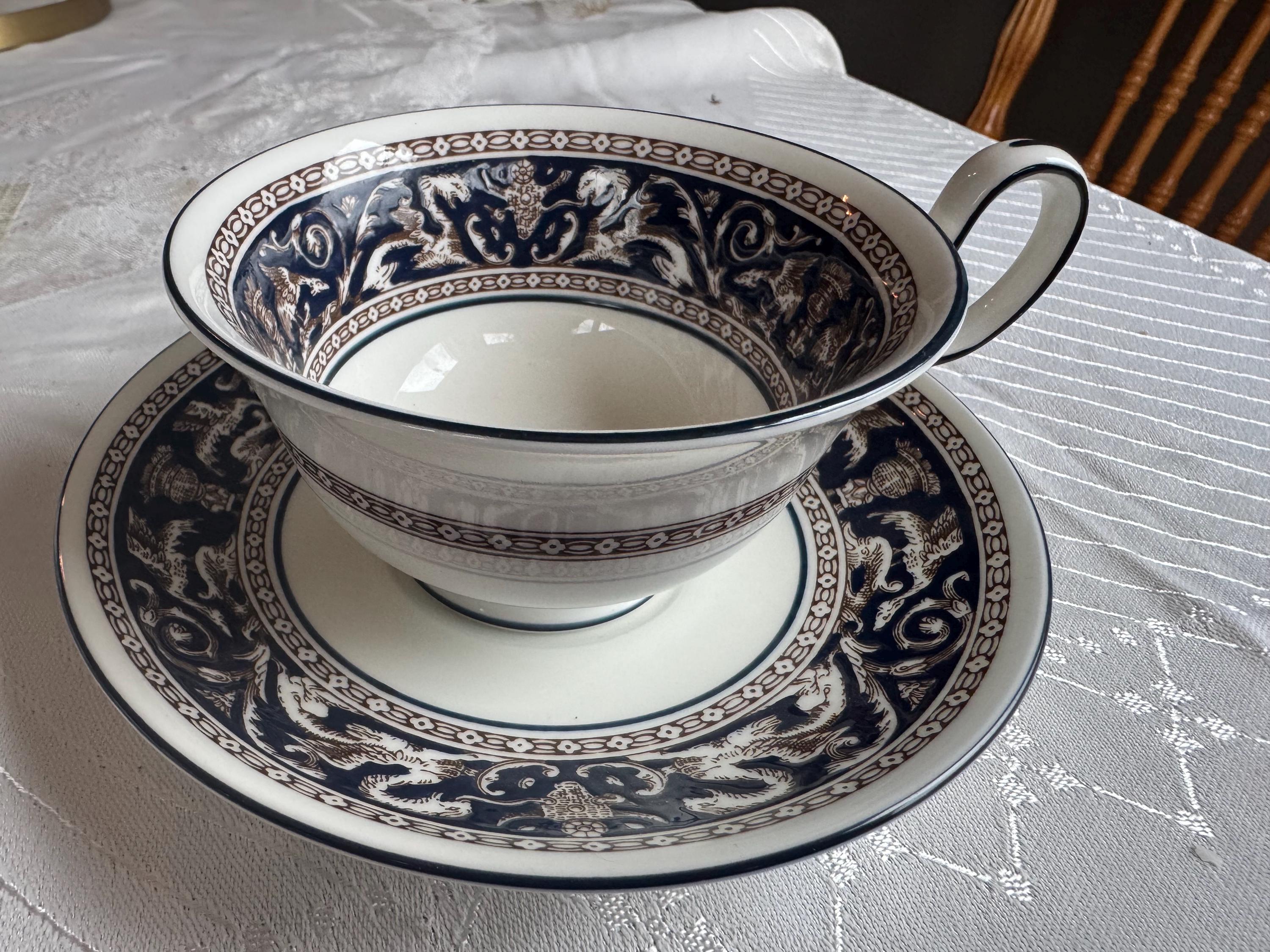 Wedgwood Florentine Teacup & Saucer – Blue Brown – Bone China England