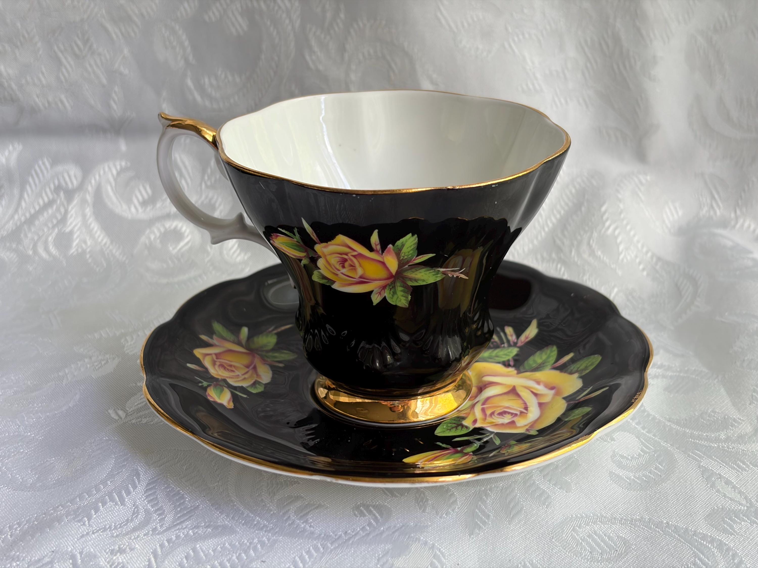 Royal Albert Rosemary Teacup Saucer | Black Yellow Roses Fine China England