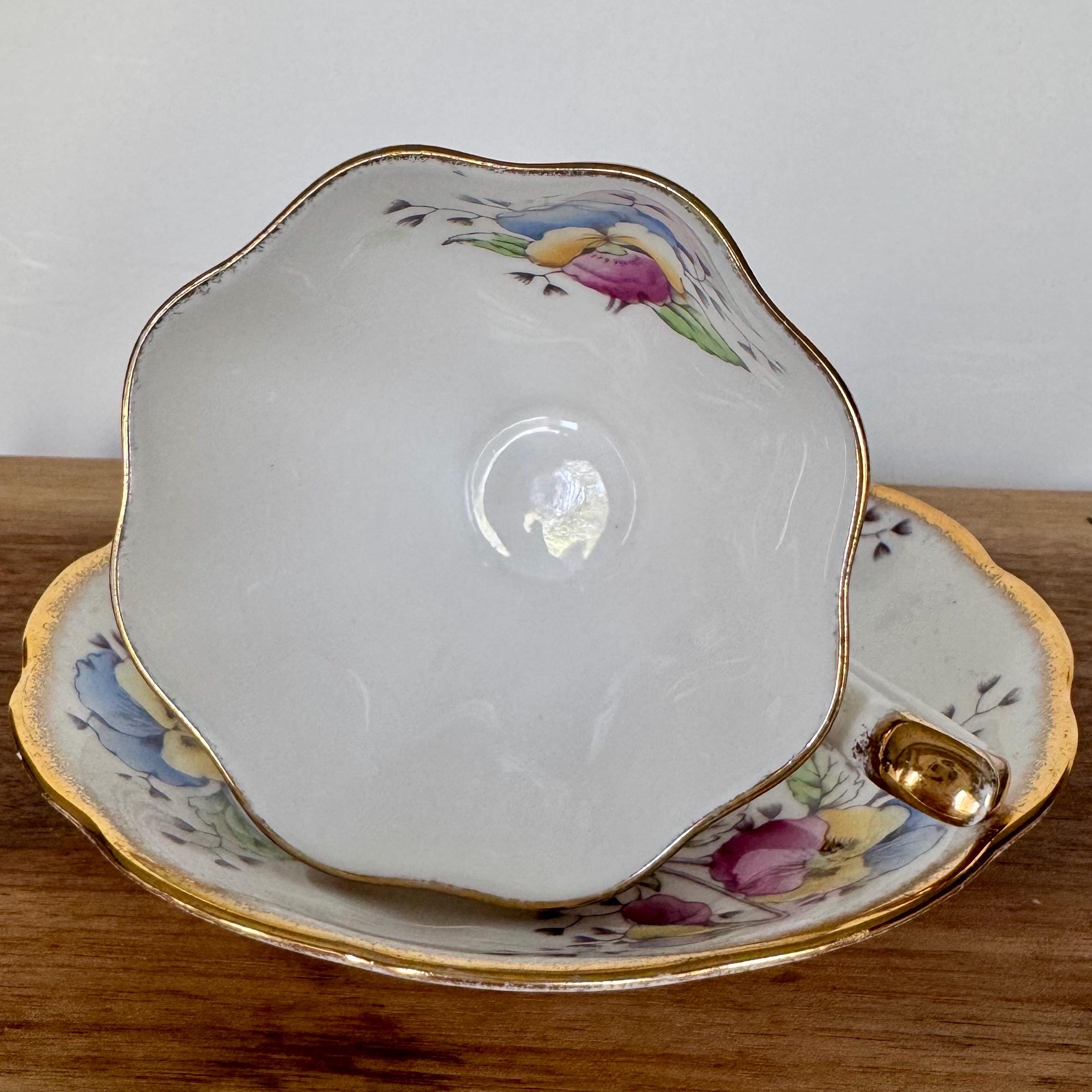 Vintage Queen Anne Teacup and Saucer – “Country Gardens: Pansy” – Multicolor Florals with Gold Trim